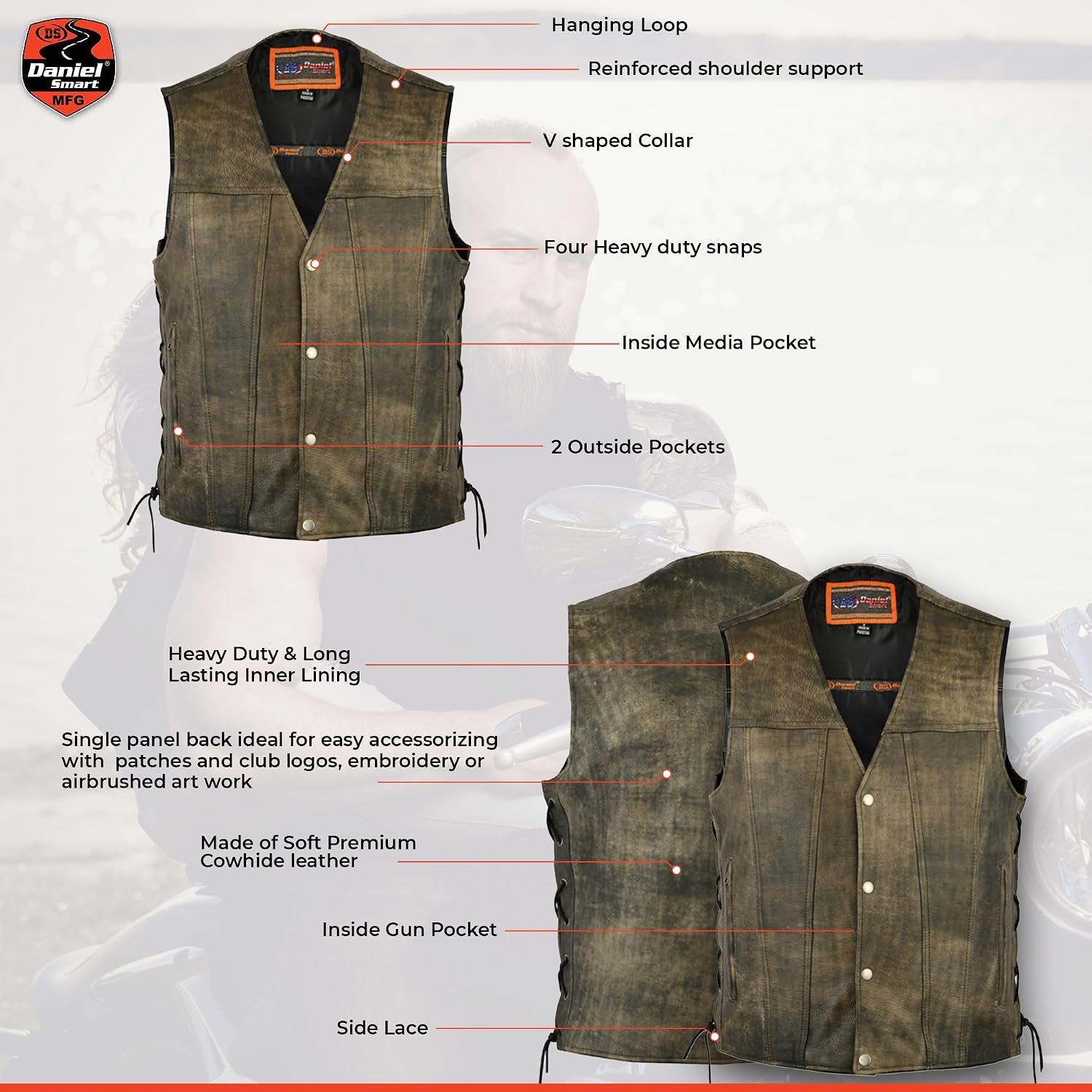 Daniel Smart Men Motorcycle Leather Vest Premium Cowhide Biker Leather Vest with Side laces Design & inside inside