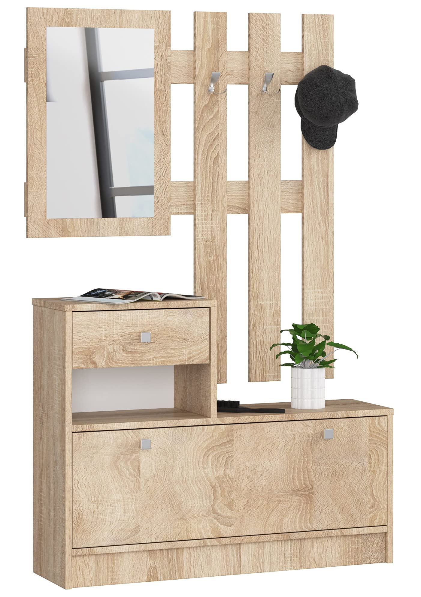 AKORD | Conjunto de Zapatero y Perchero | Zapatero con 1 Compartimento y 1 nicho con 1 cajón 90 x 70 x 25 cm | Pared con Espejo 90 x 100 cm | Set Completo de Entrada | Peso 39 kg | Roble Sonoma