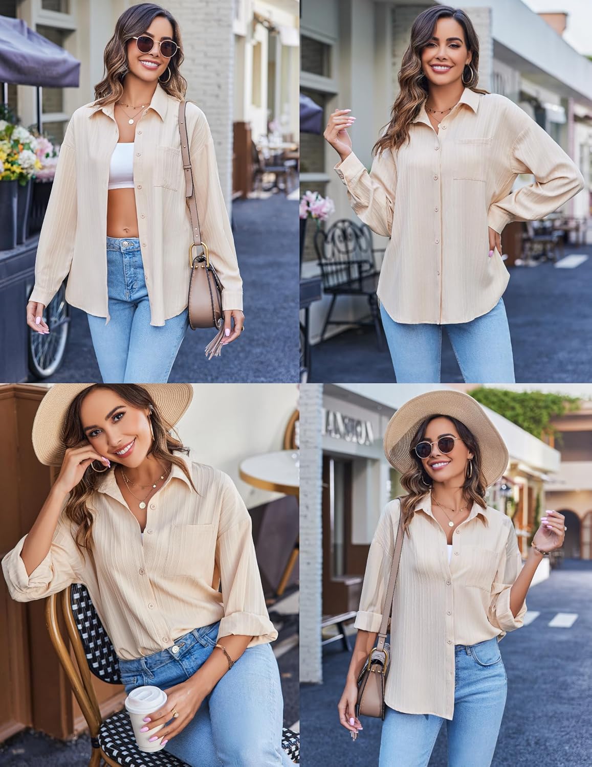 HOTOUCH Womens Button Down Shirt Casual Long Sleeves Loose fit Classic Collared Blouses Fasion Textured Top with Pockets - Image 2