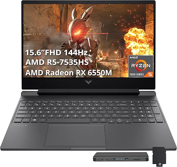 HP Victus 15.6" FHD 144 Hz Gaming Laptop, AMD Ryzen 5-7535HS, 16GB DDR5, 512GB PCIe SSD, AMD Radeon RX 6550M Graphics, Backlit Keyboard, Wi-Fi 6, Windows 11 Pro, Mica Silver, 128GB Docking Station Set