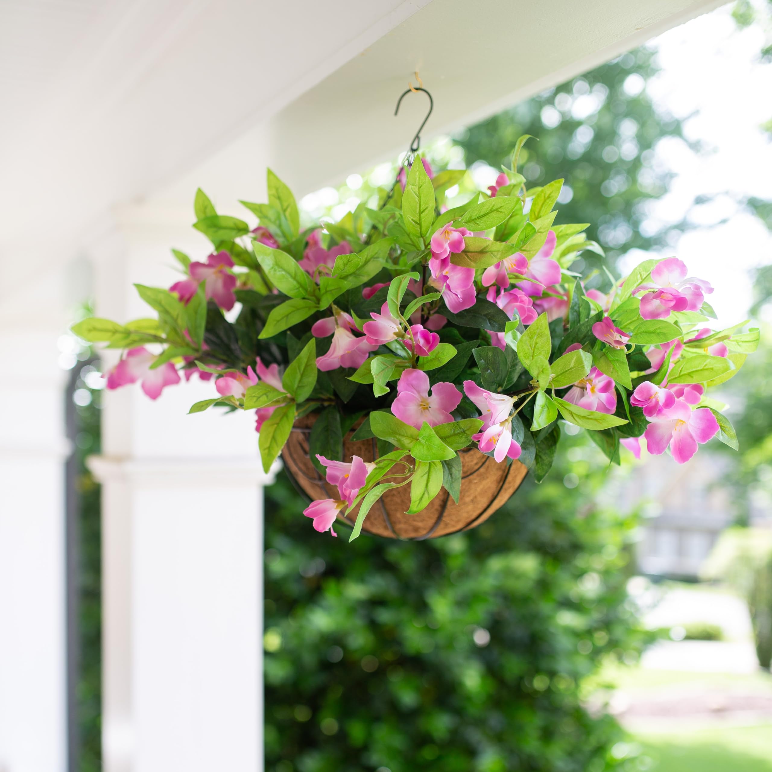 HyeFlora Artificial Faux Plants Flowers Hanging Basket for Outdoors Spring Decoration, Fake Silk Pink Azalea in Pot Planter UV Resistant Look Real for Porch Patio Outside Garden Yard Home