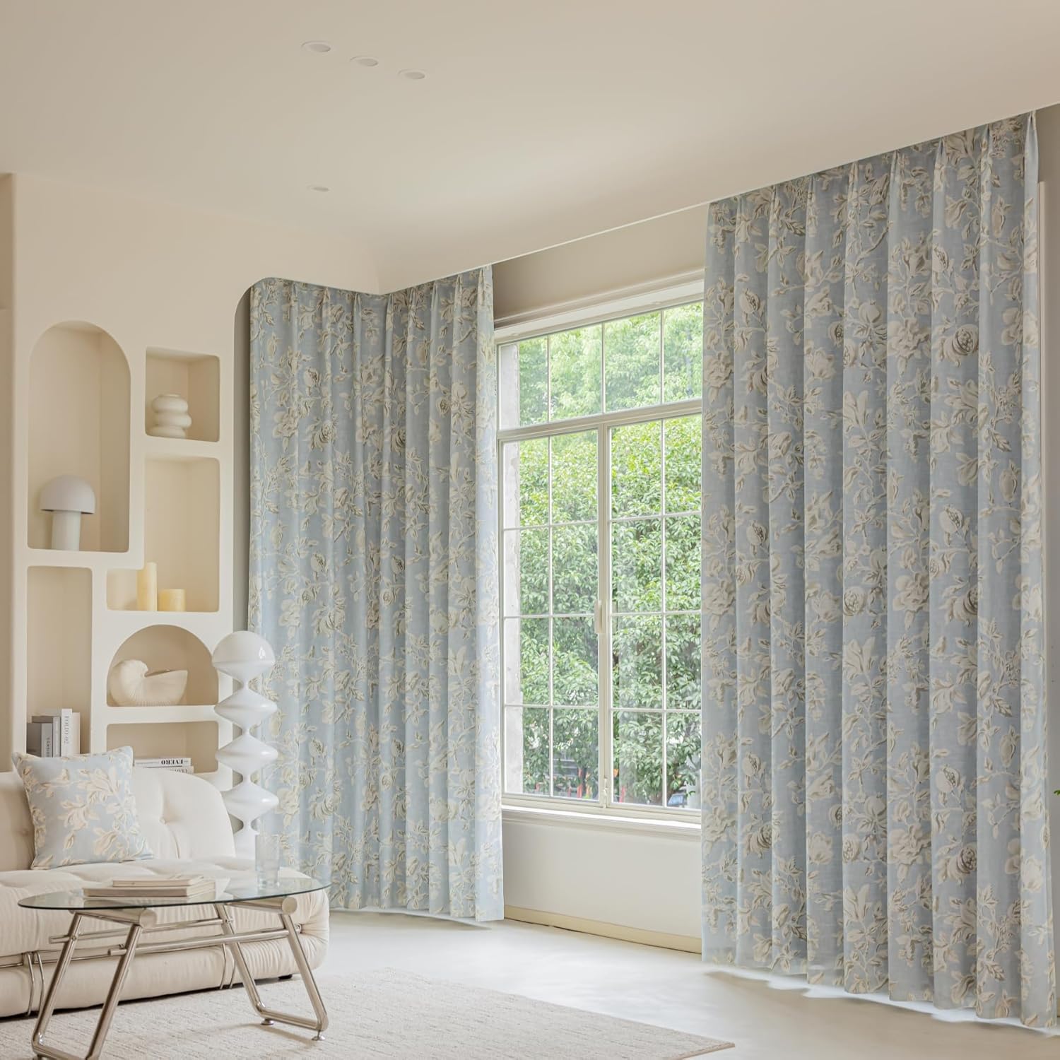 VisionaryHomeDesign Floral Linen Curtains, Memory Trained, French Country, Orchid Floral Prints，for Living Room,Home,Doors 2Panels (Blue, 50" W x 108" L)