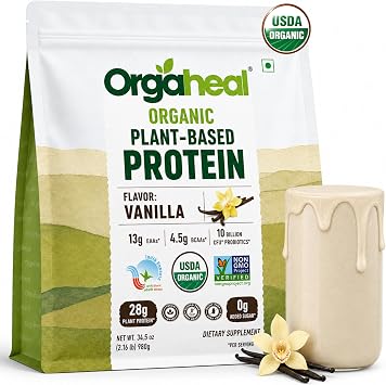 Organic Plant Protein Powder | Vanilla Flavor | 28g Vegan Protein & 4.5g BCAAs | Pea, Mung Bean & Lentil Protein Blend | Gluten Free, No Added Sugar | 34.5 Oz