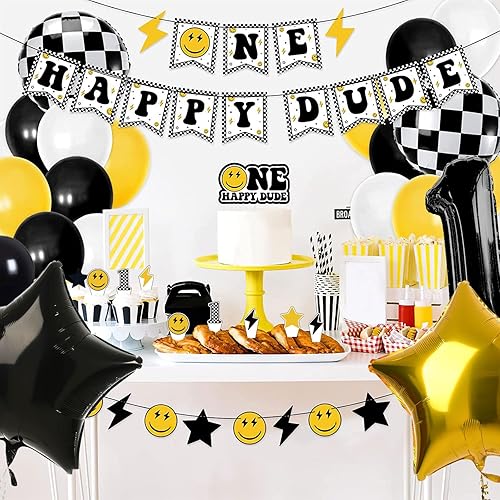 Miniatura 3 de Whaline 48 globos a cuadros con globos de número uno, guirnalda de globos de número uno, decoración de pasteles para cara sonriente, suministros de