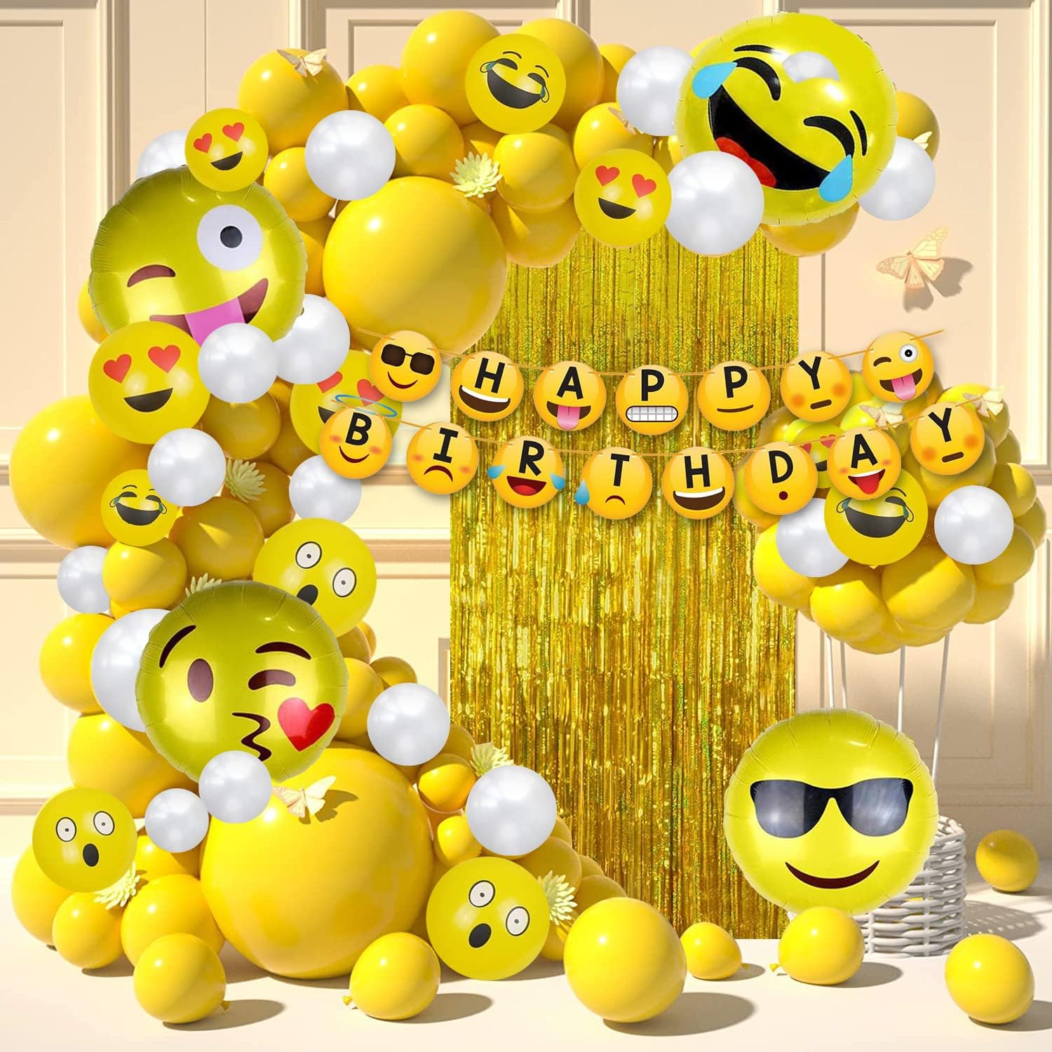 Party Propz Smiley Balloons For Birthday Decoration- Pack Of 38 Pcs,Smiley Birthday Theme For Kids Emoji Theme Birthday Decoration Kit Happy Birthday Banner(Cardstock)Birthday Decoration Items,Yellow