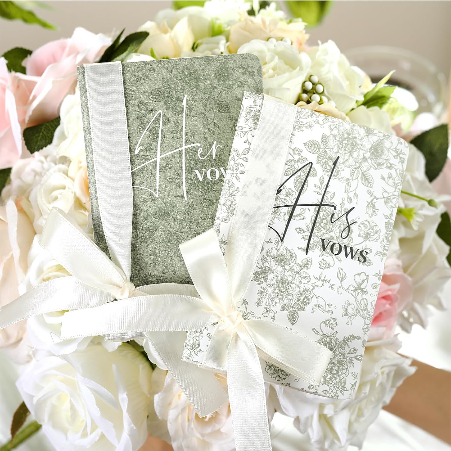 Engrowtic 2 Pcs Wedding Vow Books His and Hers Sage Green Floral Ribbon