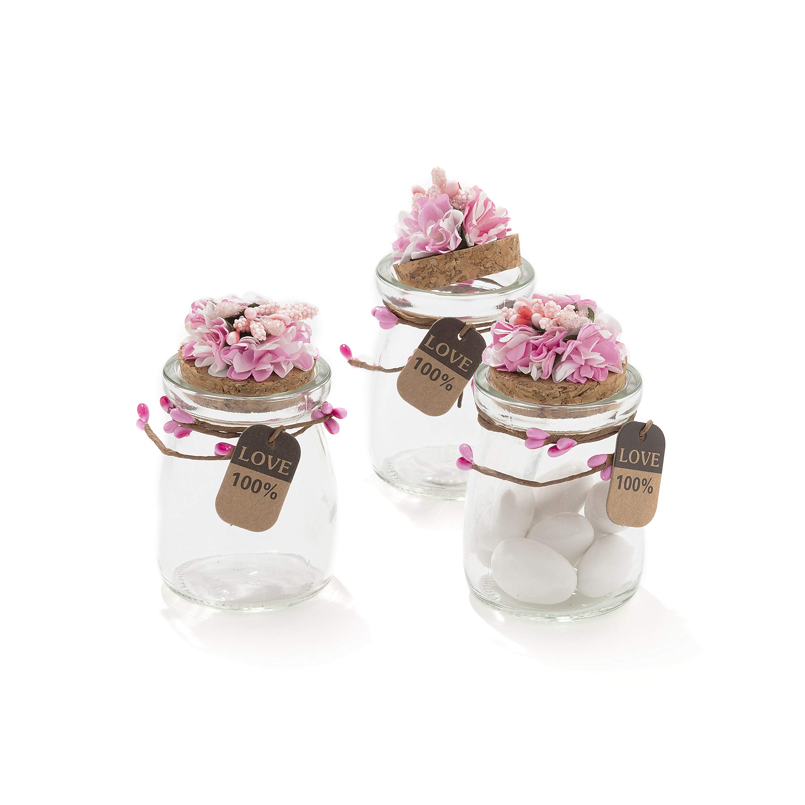 Kit 12 Barattolini Portaconfetti In Vetro Con Tappo In Sughero - 7x5 Cm - Per Bomboniere Matrimonio, Battesimo, Comunione, Compleanno E Nascita