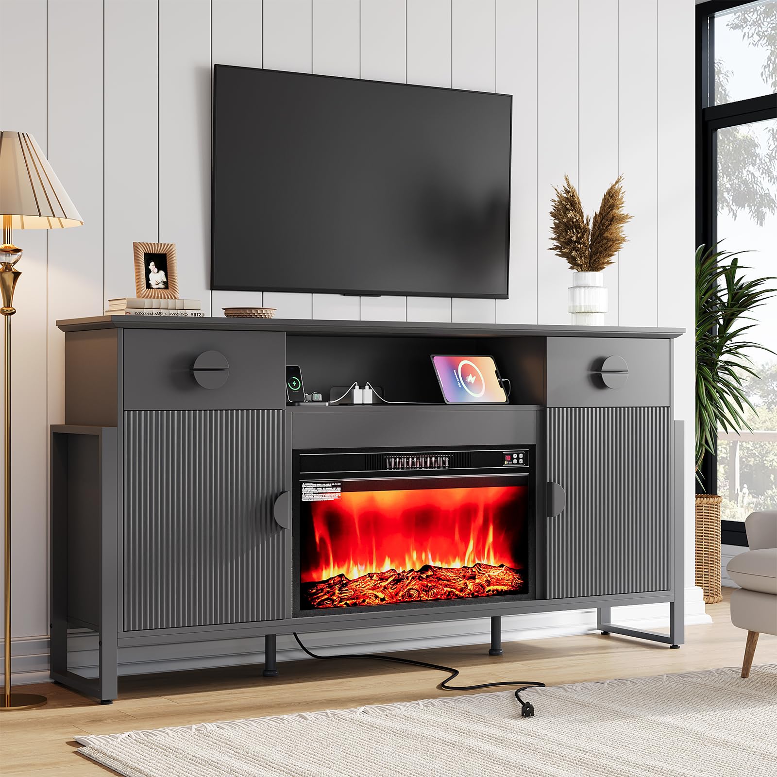 LGHM 70 Fireplace TV Stand for TVs Up to 80 Inch Fluted TV Stand with 30 Fireplace Power