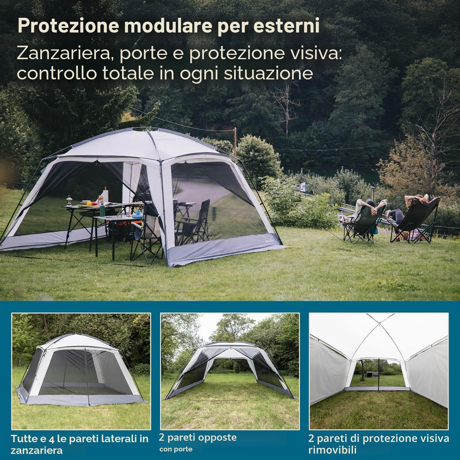 Skandika Fortun 350 Padiglione da esterno con zanzariera, colonna d'acqua 3000 mm, altezza 210 cm, facile da montare, pali in fibra di vetro e acciaio, tenda per campeggio, giardino, festival