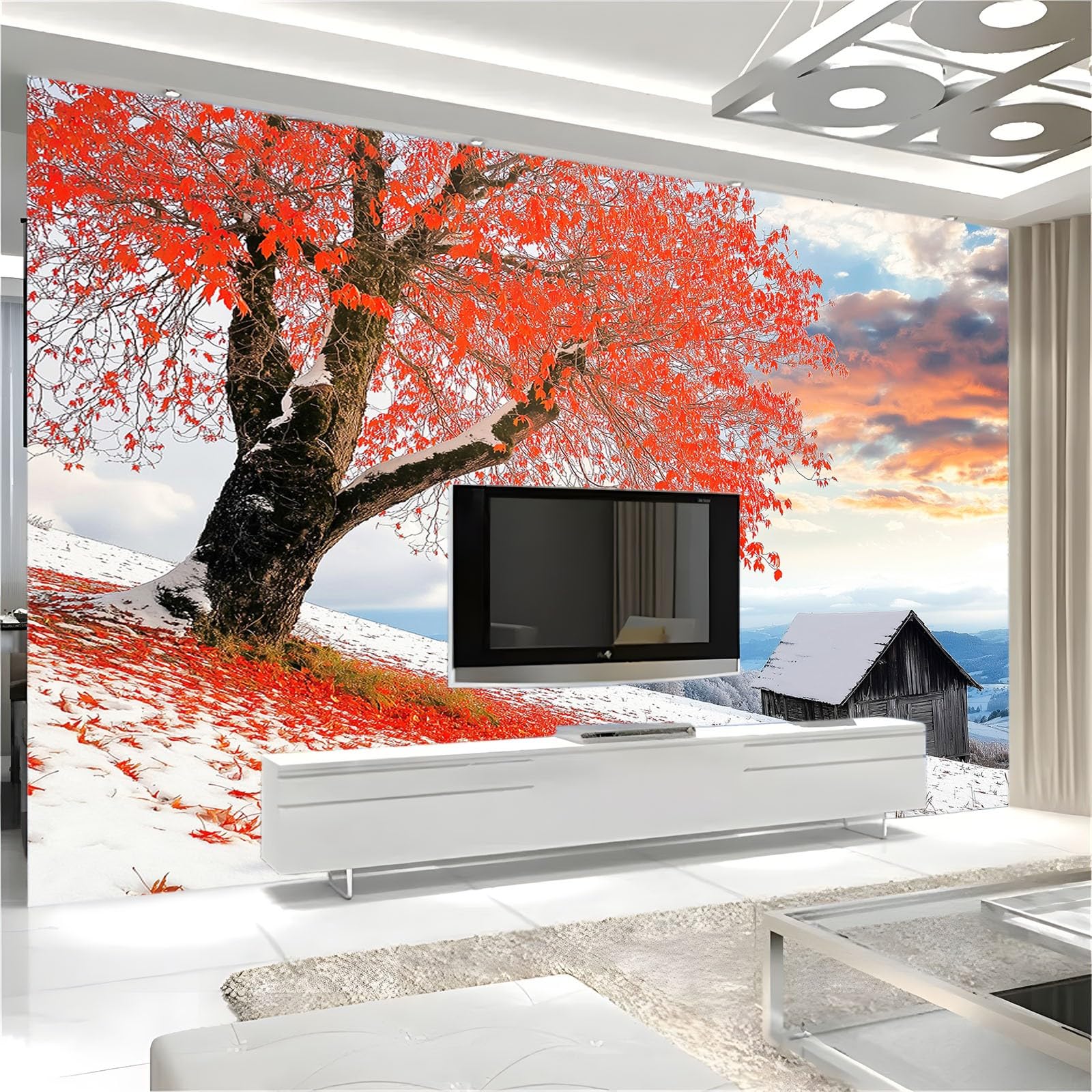 Retrò Carta da Parati Moderna Murale Il rosso lascia il grande albero Carta da Parati Murale 400x280 cm Foto Murale Soggiorno Camera Da Letto Ristorante Rivestimento d'arte Murale Decor