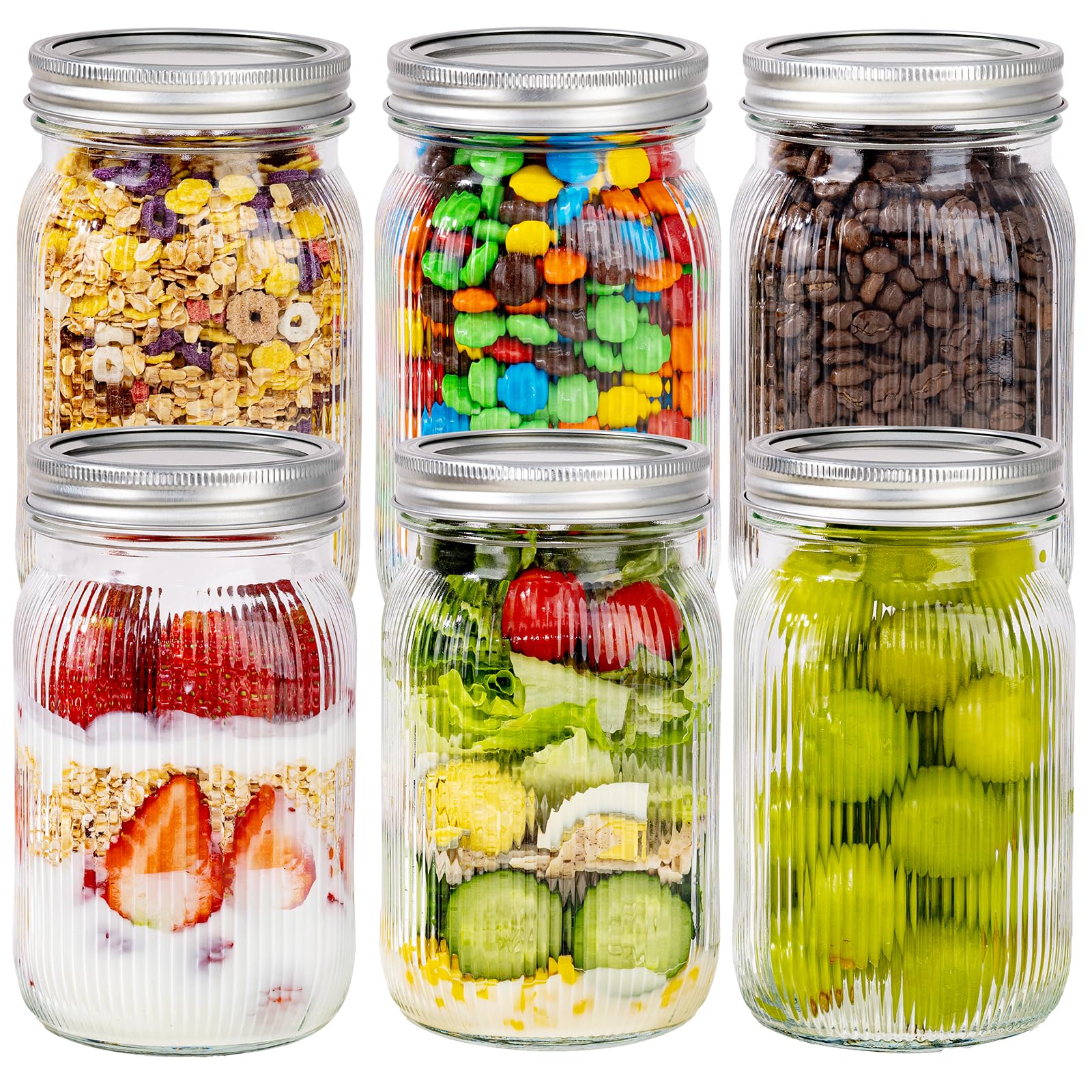 MirthMood Wide Mouth Mason Jars 32 oz with Lids, Canning Jars with Metal Airtight Lids, Quart Mason Jars for Fermenting, Pickling, Freezing, Preserving, Meal Prep, Jar Décor[6 Pack]