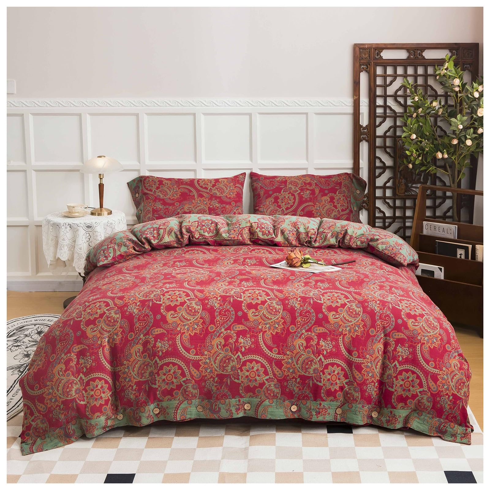 Housse de couette en coton double fil anti-glisse avec boutons pour grand lit double