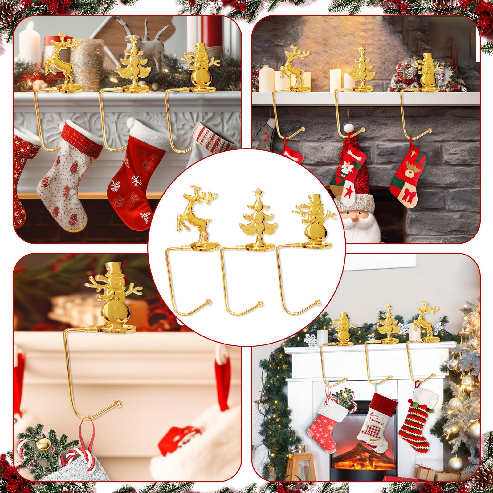 Juego de 3 soportes para medias navideñas, ganchos para chimenea, soportes para calcetines navideños, ganchos navideños, para chimenea y mesa, decoración de calcetines navideños
