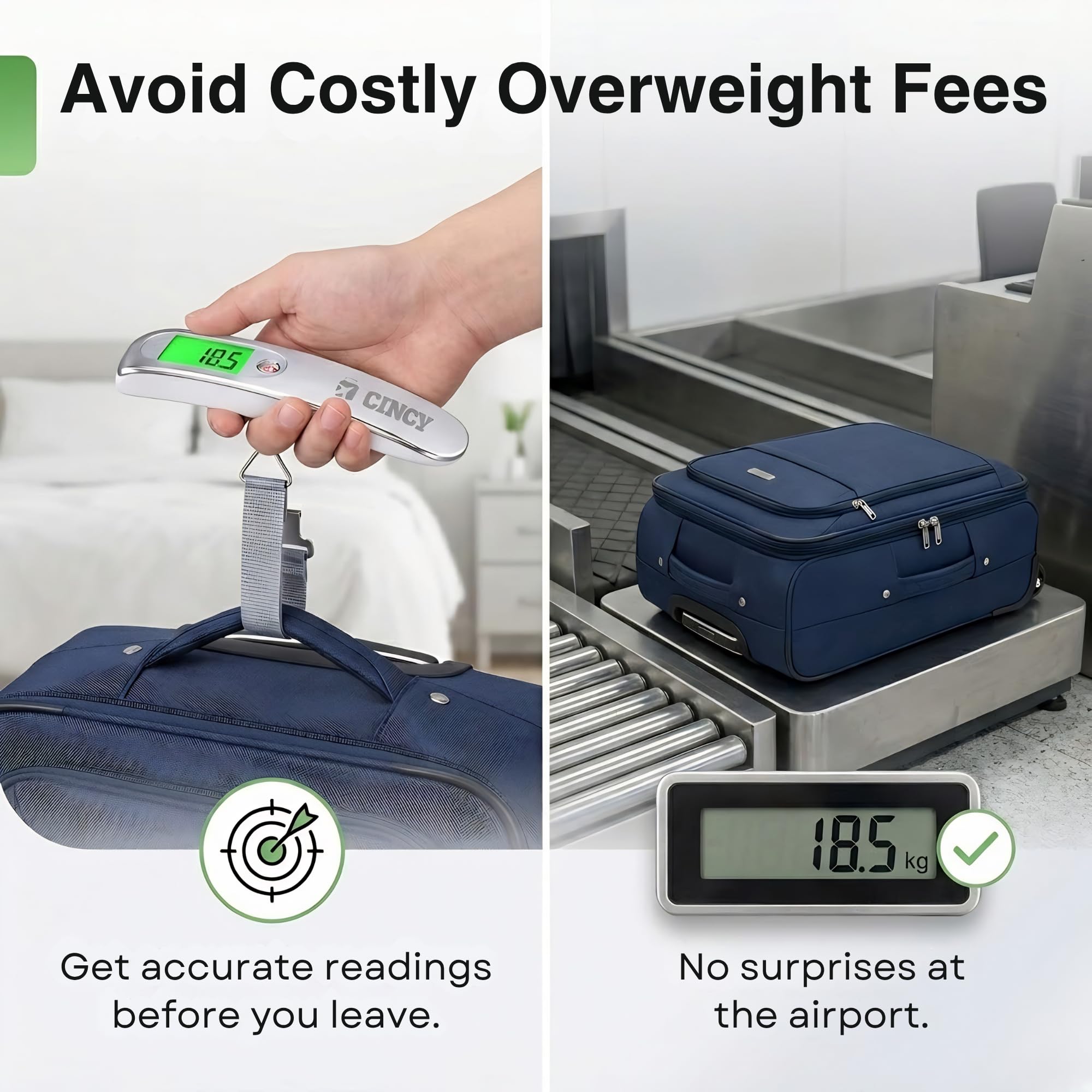 Bilancia digitale per bagagli, 50 kg, ad alta precisione, con LCD retroilluminato, autobloccante, 4 unità e cinghia resistente, bilancia portatile per valigie per la prevenzione delle tariffe dei