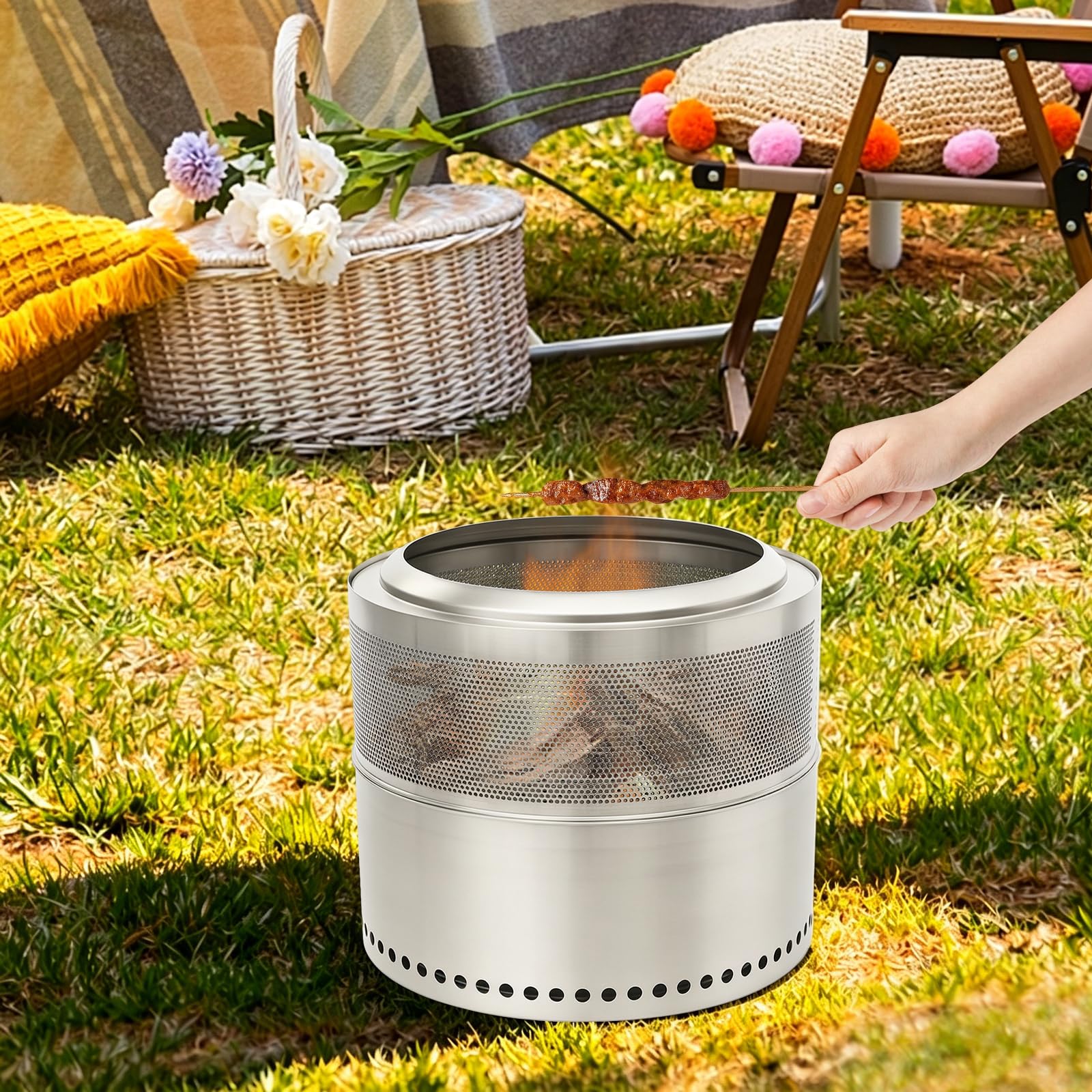 Braciere da terrazza in acciaio inox 201, senza fumo, rotondo, pieghevole, 50 x 40 cm, braciere a legna portatile, con borsa per il trasporto, alimentato a legno, per esterni, lucidato, attizzatoio da