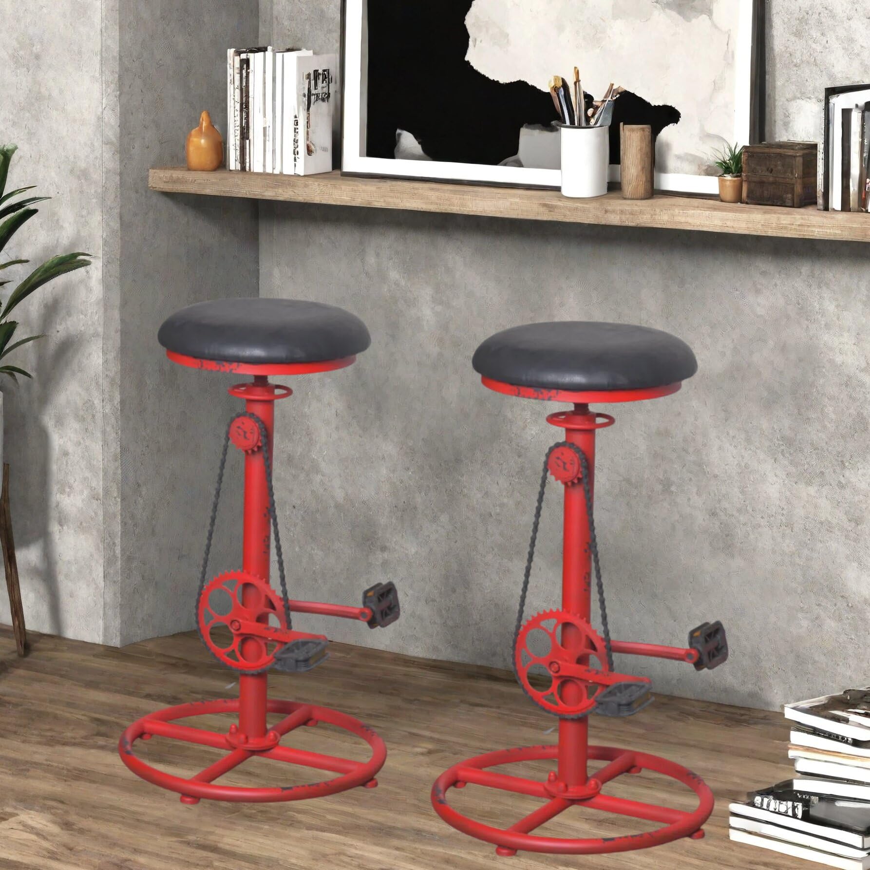 Taburete de bar vintage para bricolaje, cadena de bicicleta, pedal de hierro, retro, industrial, altura ajustable, diseño de rueda de bicicleta, juego de 2 sillas de barra color rojo antiguo 4