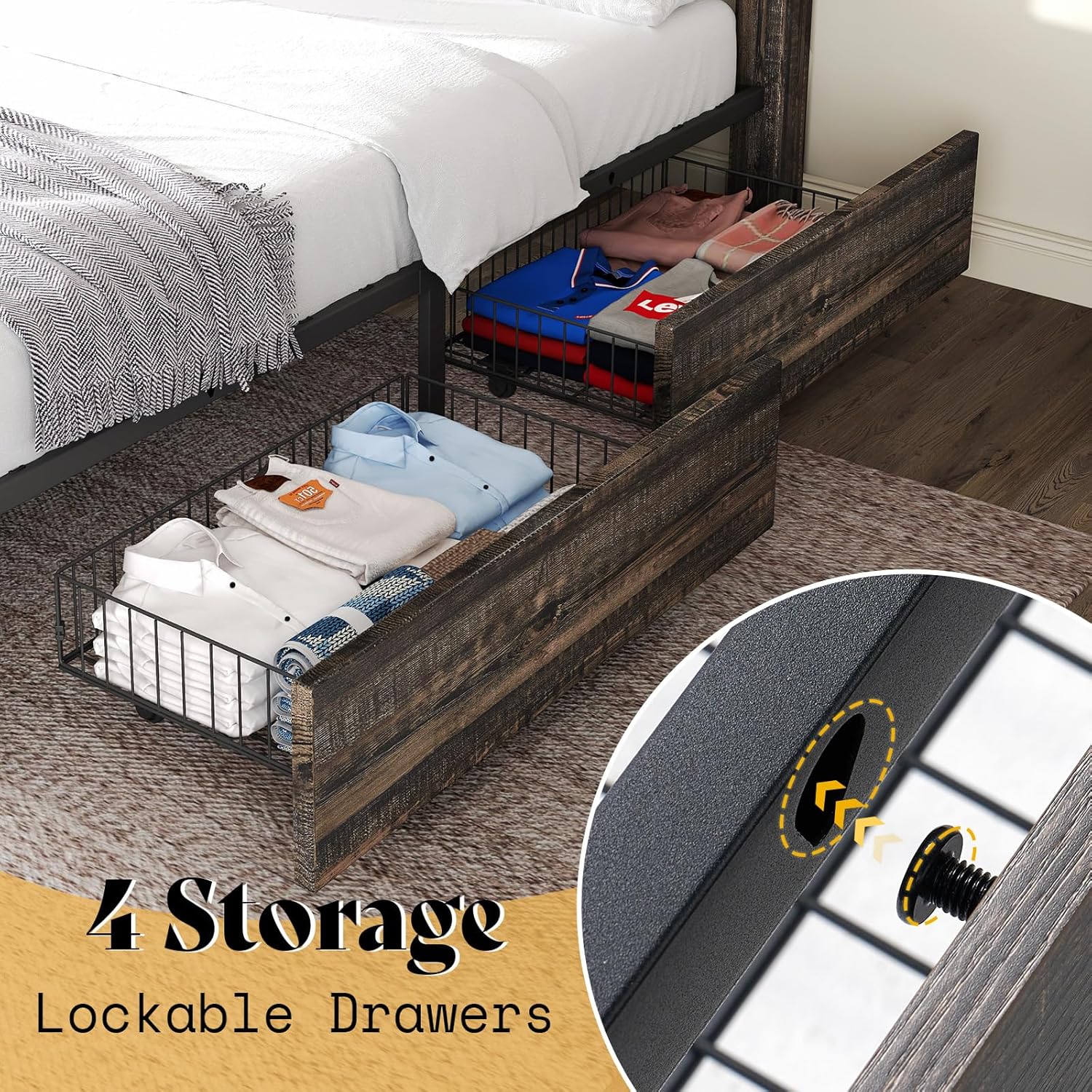 AMERLIFE King Size Farmhouse Bed Frame with 4 Drawers, Wooden Storage Bed Frame with Headboard and Heavy Duty Metal Slats, Noisy Free, Easy Assemble, Rustic Black