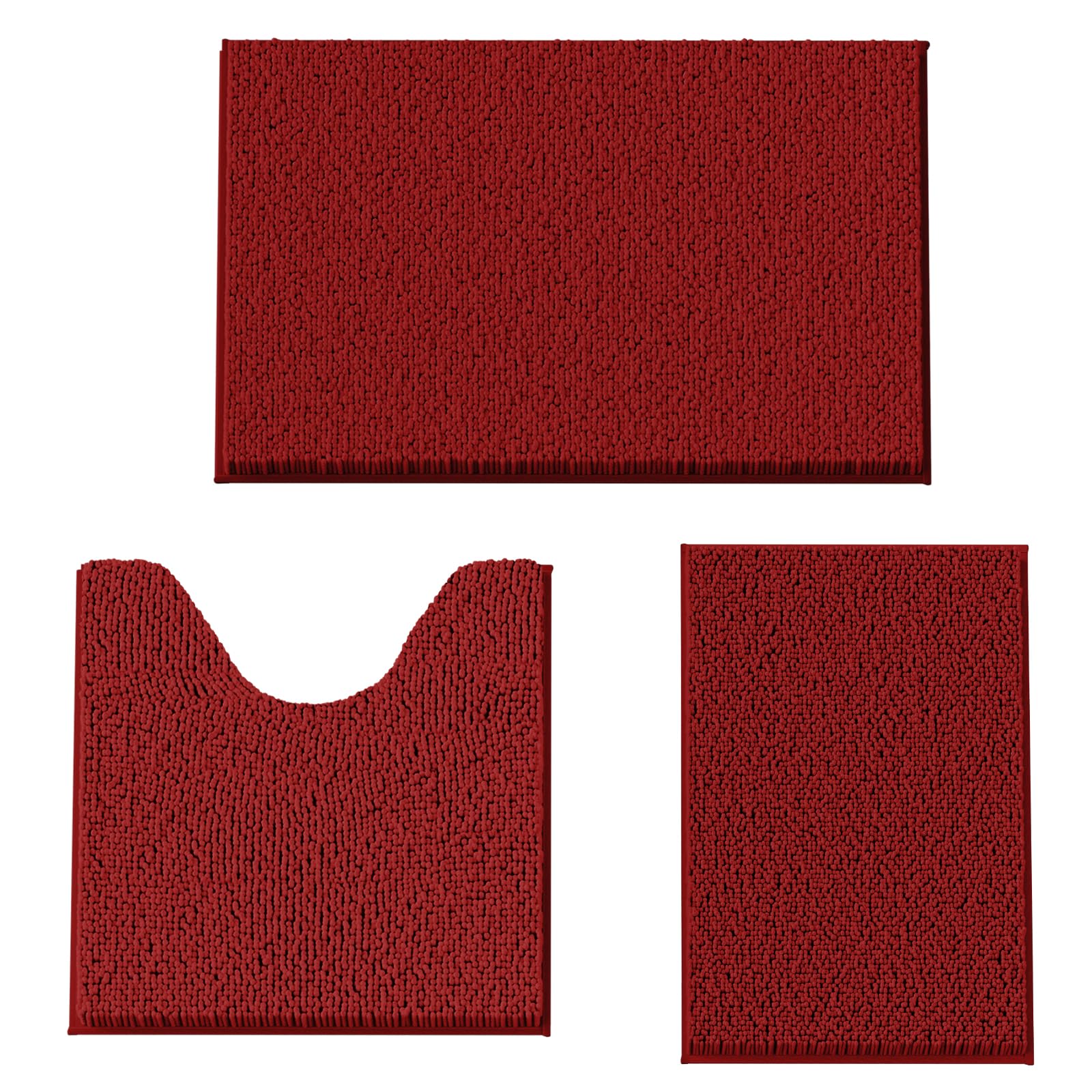 placeroom Bathroom Mat Set of 3, Bath and Toilet Mat Set,Ultra Soft Chenille Bath Mat Non Slip,Bath Mat Sets 3 Piece Washable,Super-Absorbent Bath(Burgundy bath set)
