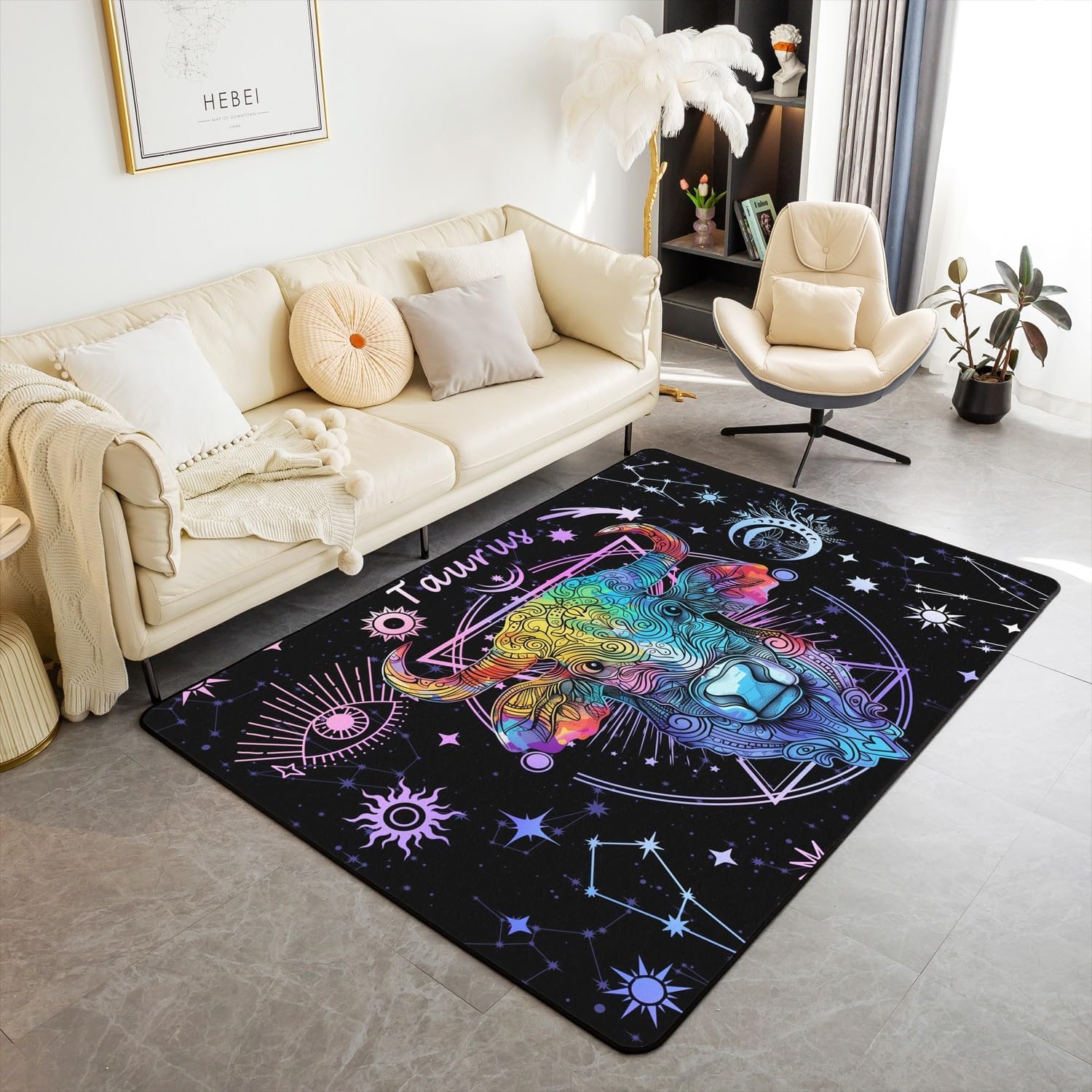 Manfei Taurus Area Rug Trippy Astrology Sun Moon Star Floor Mats, 12 Constellations Zodiac Decorative Rug for Living Room, Kids Boys Girls Room Decor, Absorbent Carpets, 6'6" x 4'11" (Rectangular)