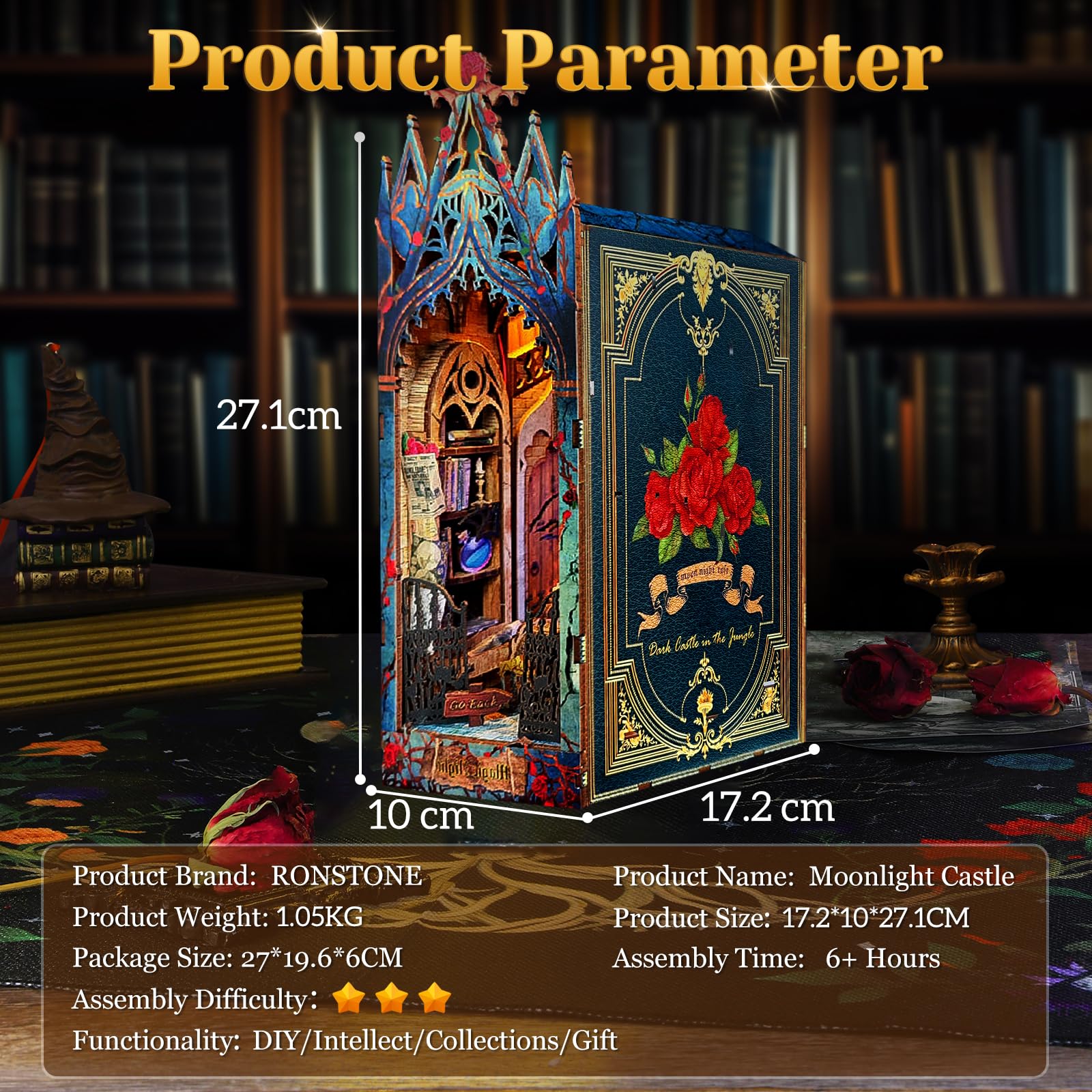 RONSTONE Book Nook Kit - Casa Delle Bambole in Miniatura con Luce LED - Castello al Chiaro di Luna Puzzle 3D in Legno Fermalibri Inserto per Libreria