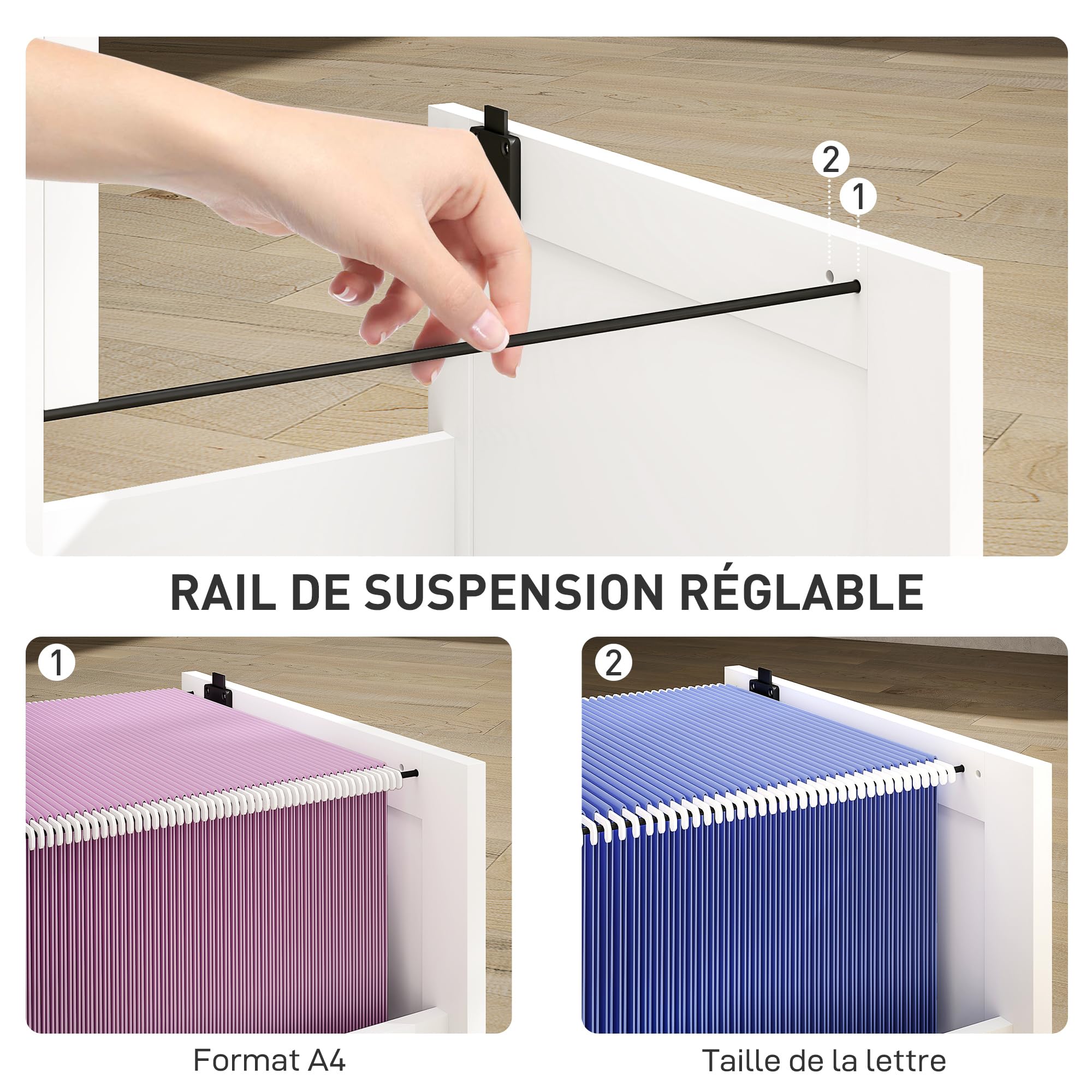 HOMCOM Cassettiera da scrivania con 3 cassetti e serrature, mobile per ufficio con barre di sospensione regolabili per documenti, cassettiera compatta per ufficio o camera da letto, 40x40x101 cm