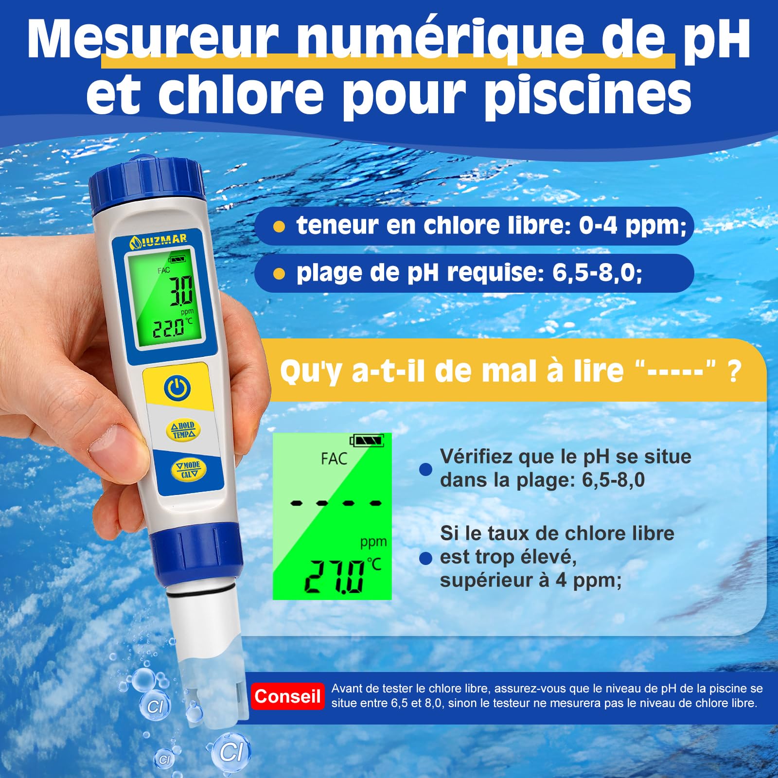 UIUZMAR Testeur de pH, de Sel et de Chlore pour Piscines 7 en 1