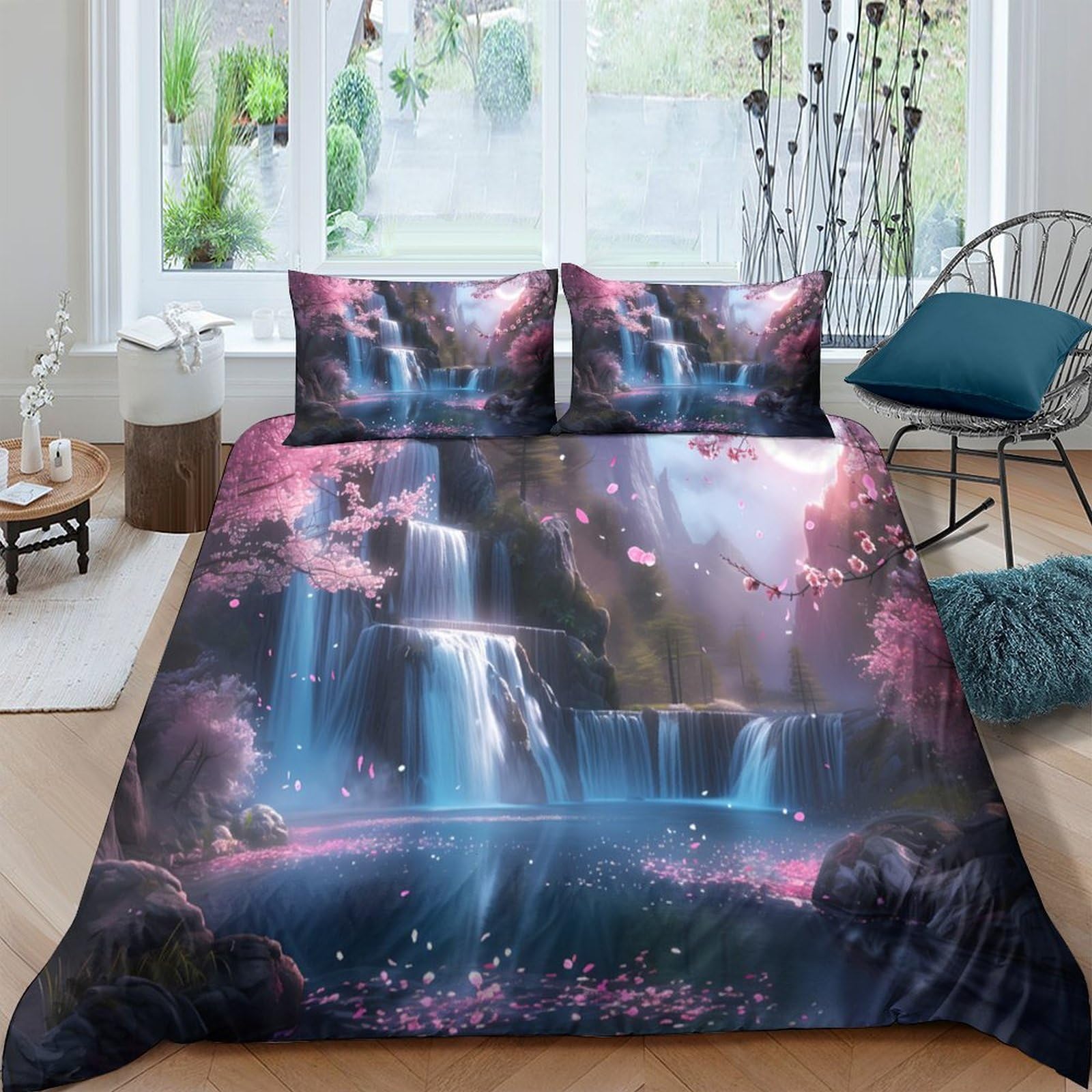 Ctjqhvkz Style-7 3D Printed Waterfall Fantasy Fitted Sheet Microfiber Soft Blue Pink Dream Landscape Bed Cover For Bedroom Guest Room Single（135X200cm）