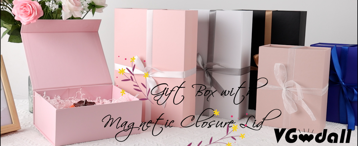 VGOODALL Pink Gift Box, 13x9x4 Inches Gift Boxes for Presents With Lids and Magnetic Closure Collapsible for Mother's Day, Bridesmaid Proposal, Weddings, Anniversary Present