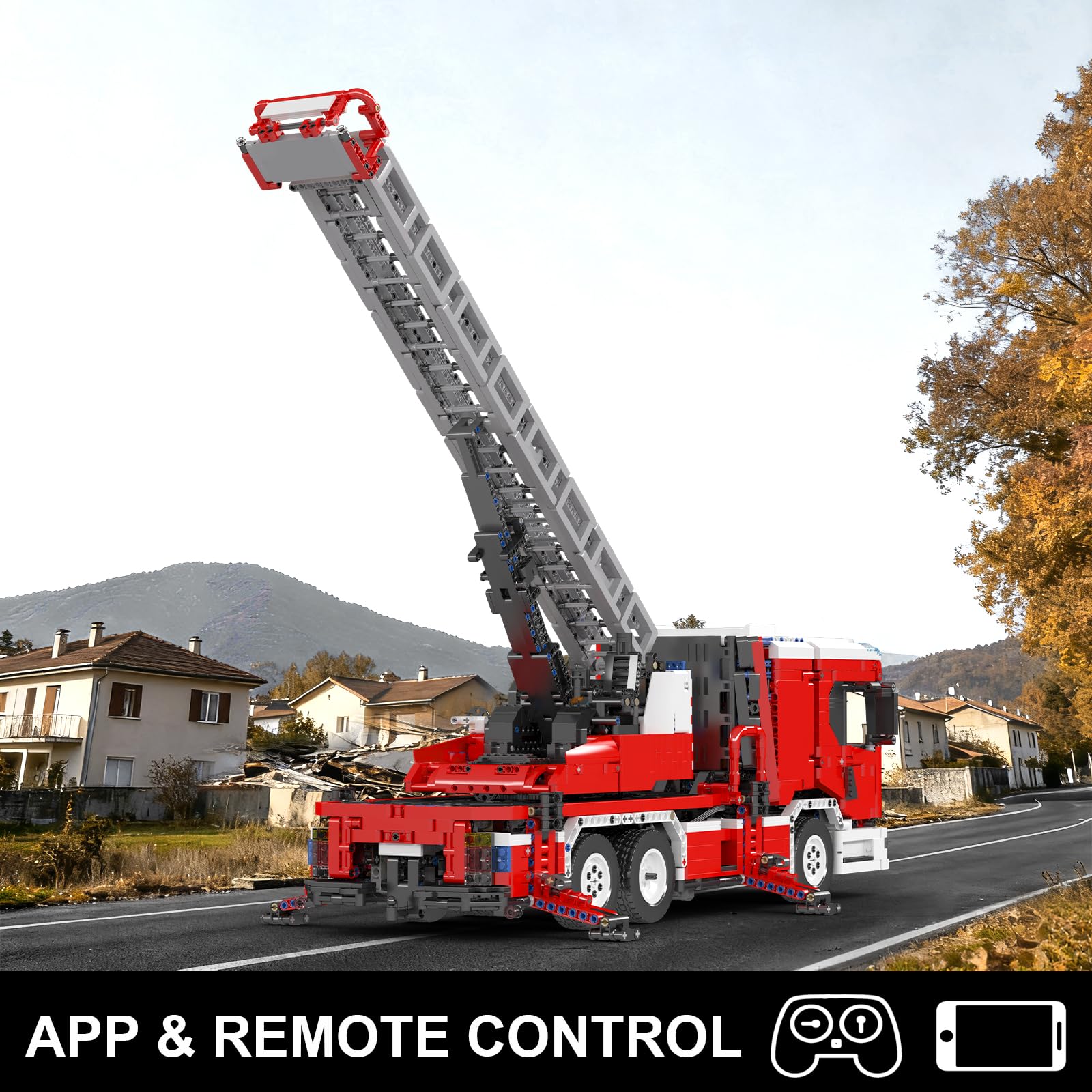 Mould King 17022 Technik Feuerwehr Drehleiter LKW Technik Bausatz – Ferngesteuertes Feuerwehrauto mit Motoren, Große Bausteine Modell für Erwachsene & Jugendliche ab 14 (4886 Teile)