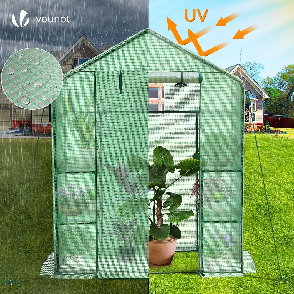 VOUNOT® Invernadero de Jardín 143x73x195 cm Vivero Casero Plantas Cultivo con Puerta Enrollable y Ventana, Invernadero Huerto Caseta de Jardín 4 Estantes para Plantas Macetas Flores, Verde