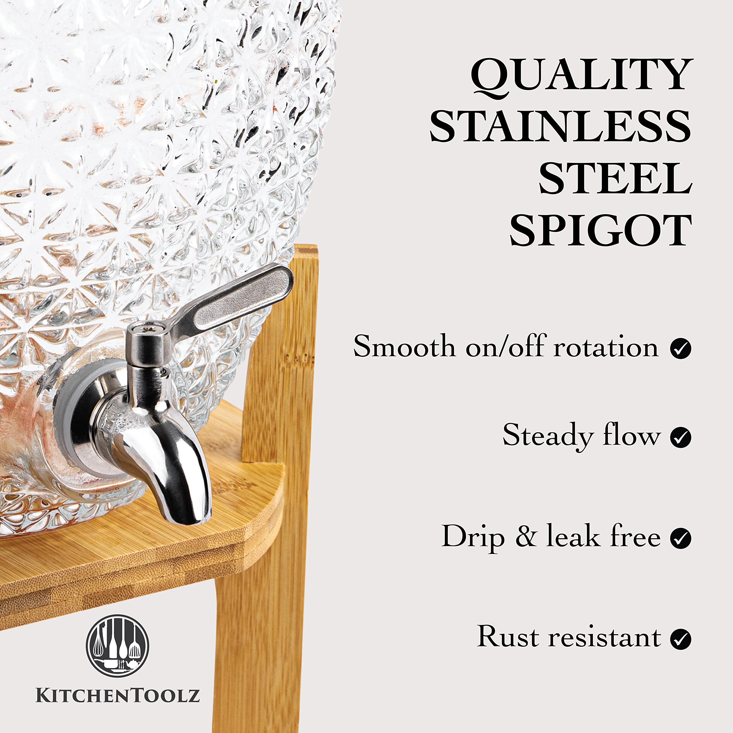2.5 Gallon Glass Iced Beverage Dispenser with Stainless Steel Spigot Drink Dispenser on Wooden Stand - Chiseled Glass Style