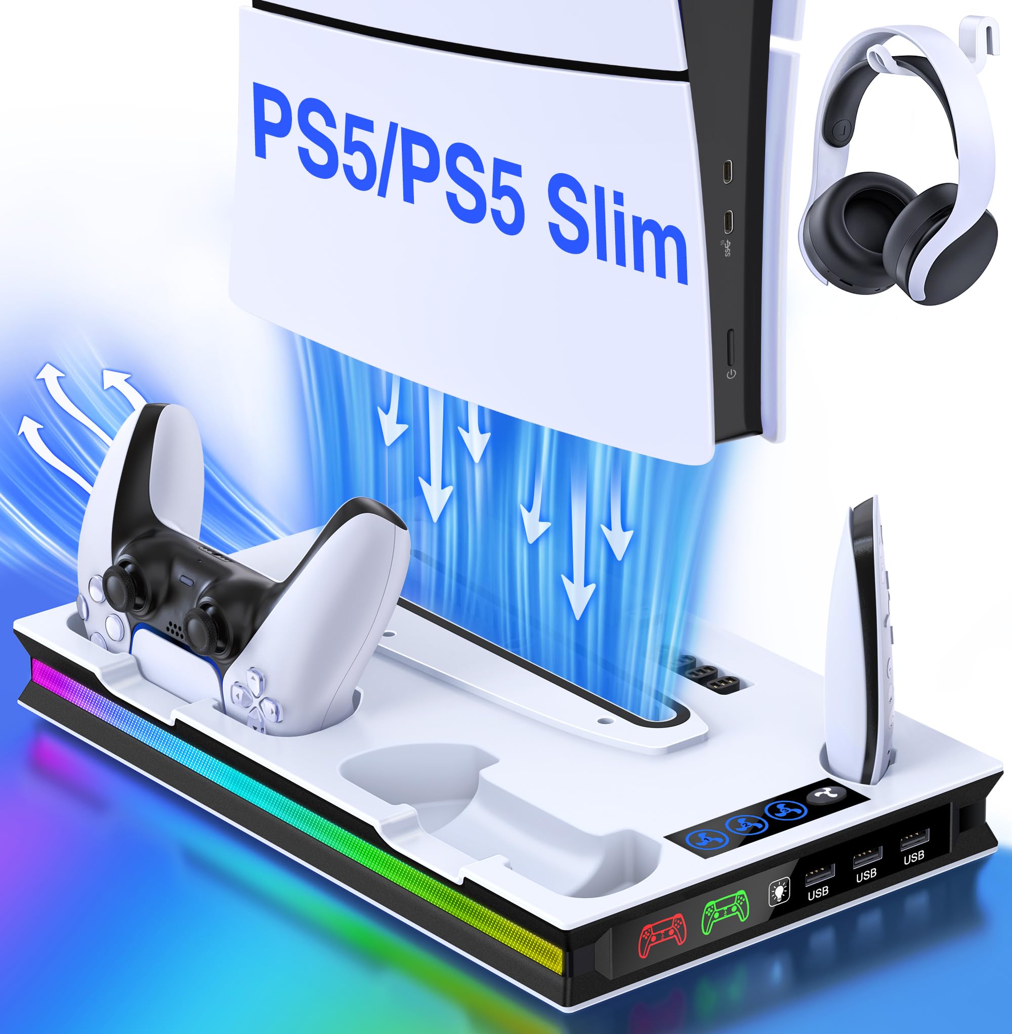 GAMSINGY PS5 Ständer mit Lüfter, Standfuß für Disc/Digital Edition, Headset Halterung/ Controller Ladestation/ Fernbedienung Solt/3 USB Hub, Zubehör für Playstation 5 Konsole