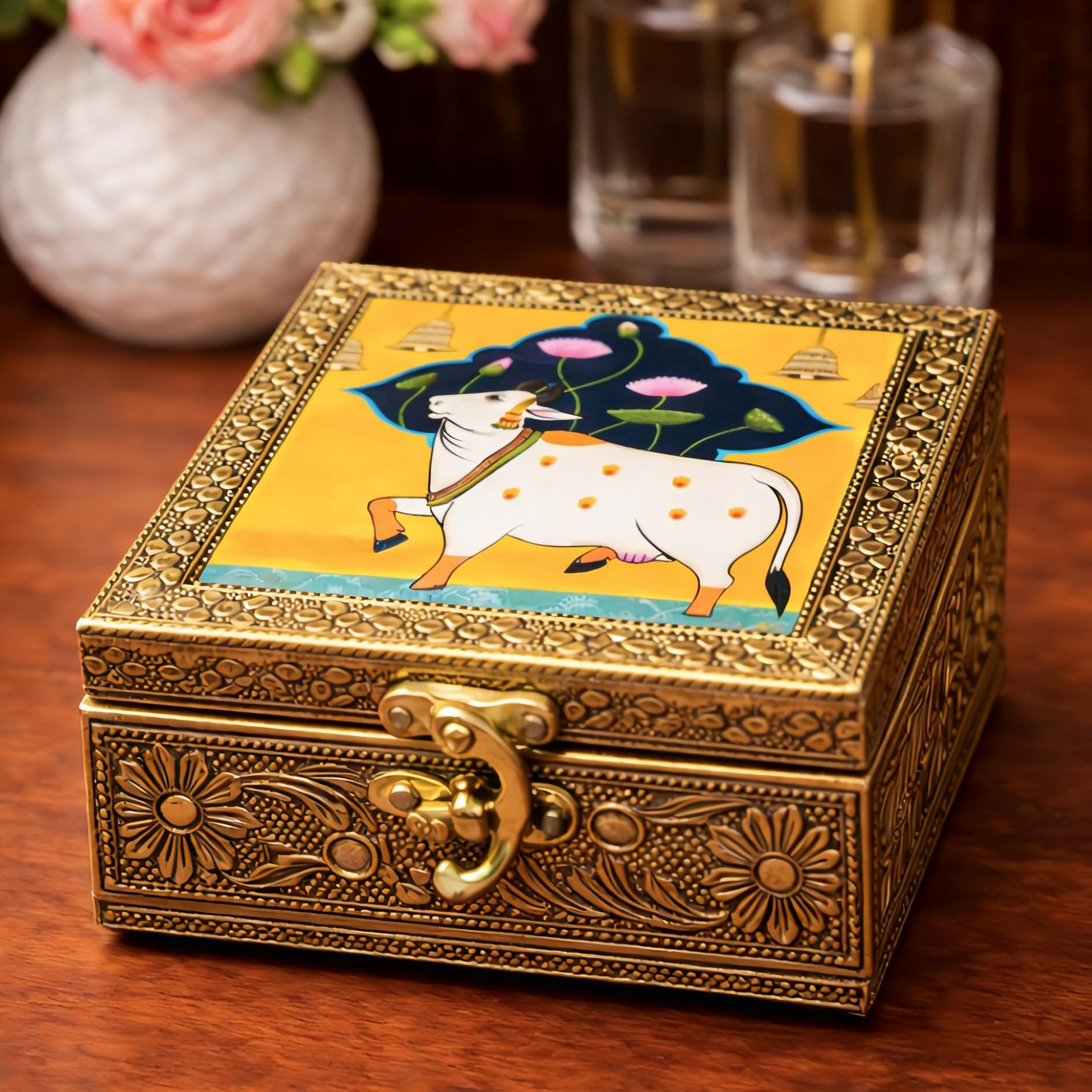 Trendifly Pichwai Design Wooden Oxidised Jewellery Storage Box With Lock for Women 4 x 4 inch | Wood Jewel Earrings Ring Multipurpose Jewelry Organiser Box | Wedding Housewarming Pooja Return Gifts