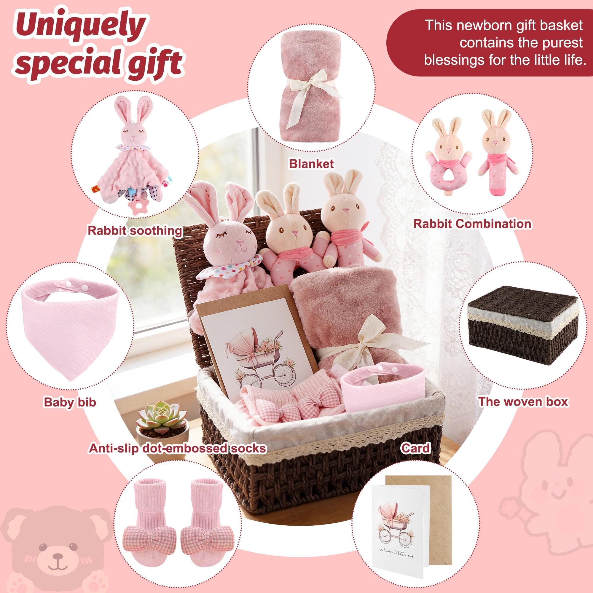 Coffret Naissance Mixte Bébé avec Couverture 70x100 cm Doudou Hochet Bavoir Chaussettes Rose