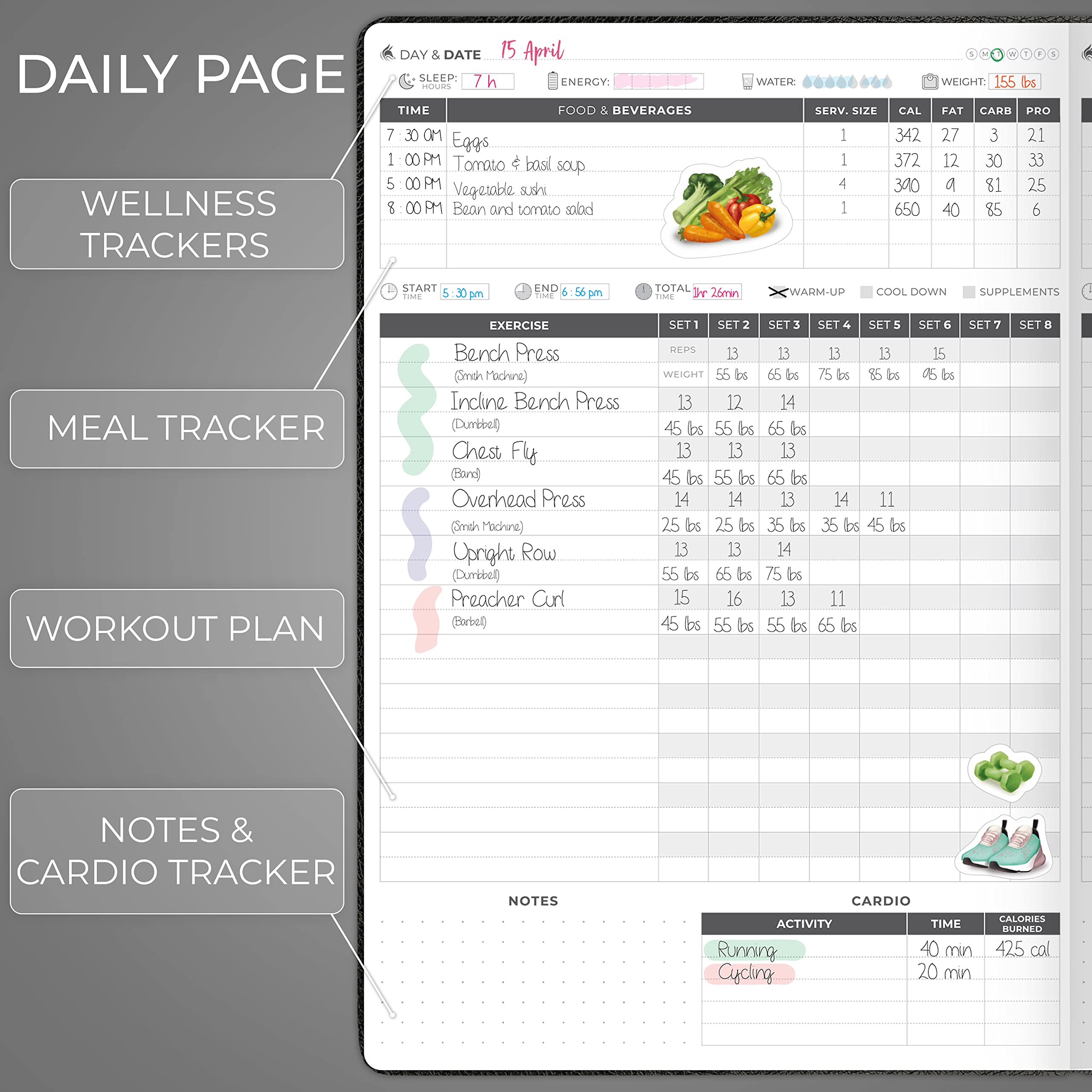 Clever Fox Fitness Journal PRO - Planificador de entrenamiento y comidas con rastreador de hábitos, cuaderno de registro de ejercicios, planificador de fitness, 6 meses (negro)