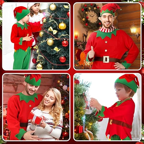 Miniatura 5 de Newcotte Disfraz de elfo de Navidad para niños y adultos, disfraz de elfo, sombrero de elfo, vestido de Papá Noel, calcetín y cinturón