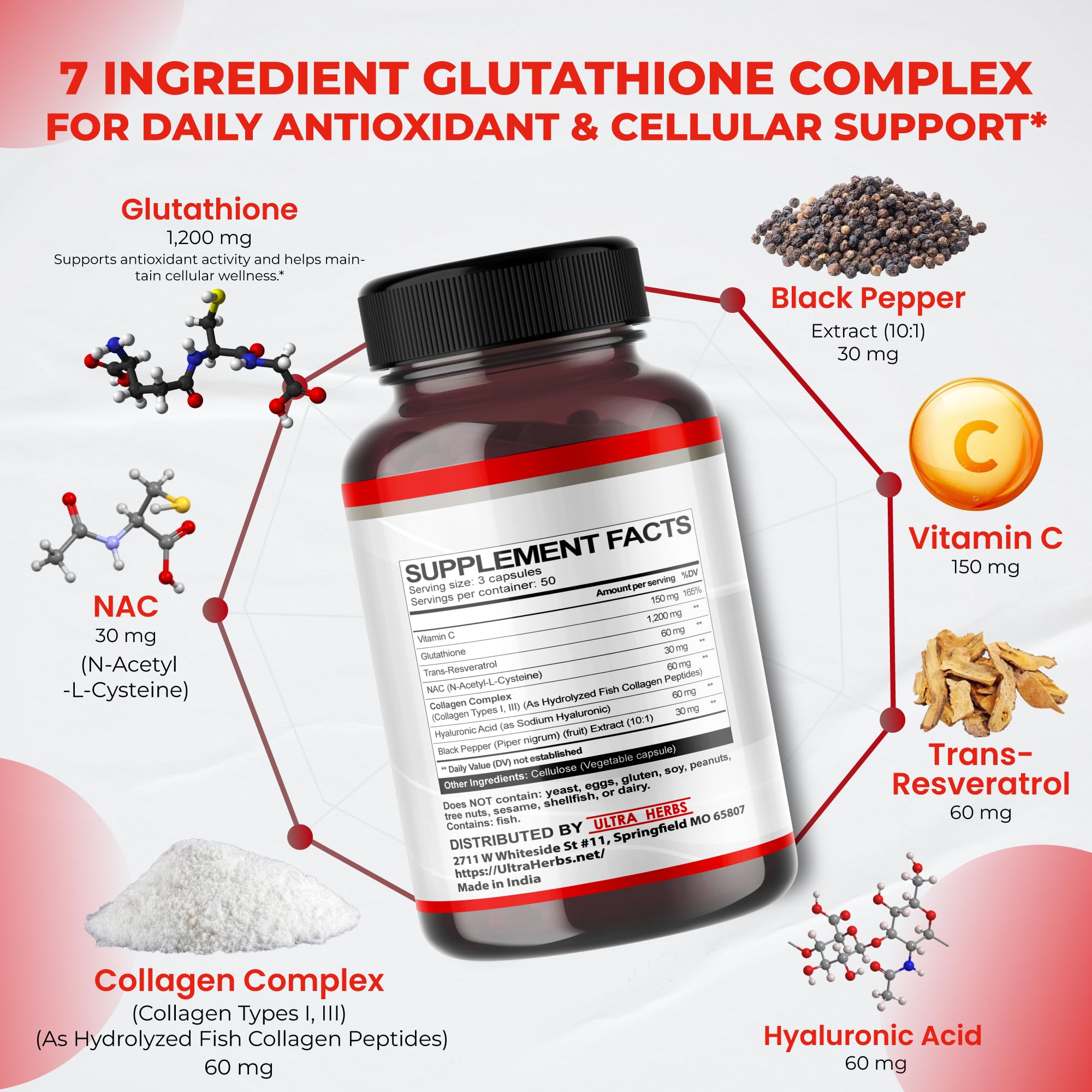 Ultra Herbs Glutathione 1590mg 7-in-1 with Resveratrol & NAC, 150 Caps