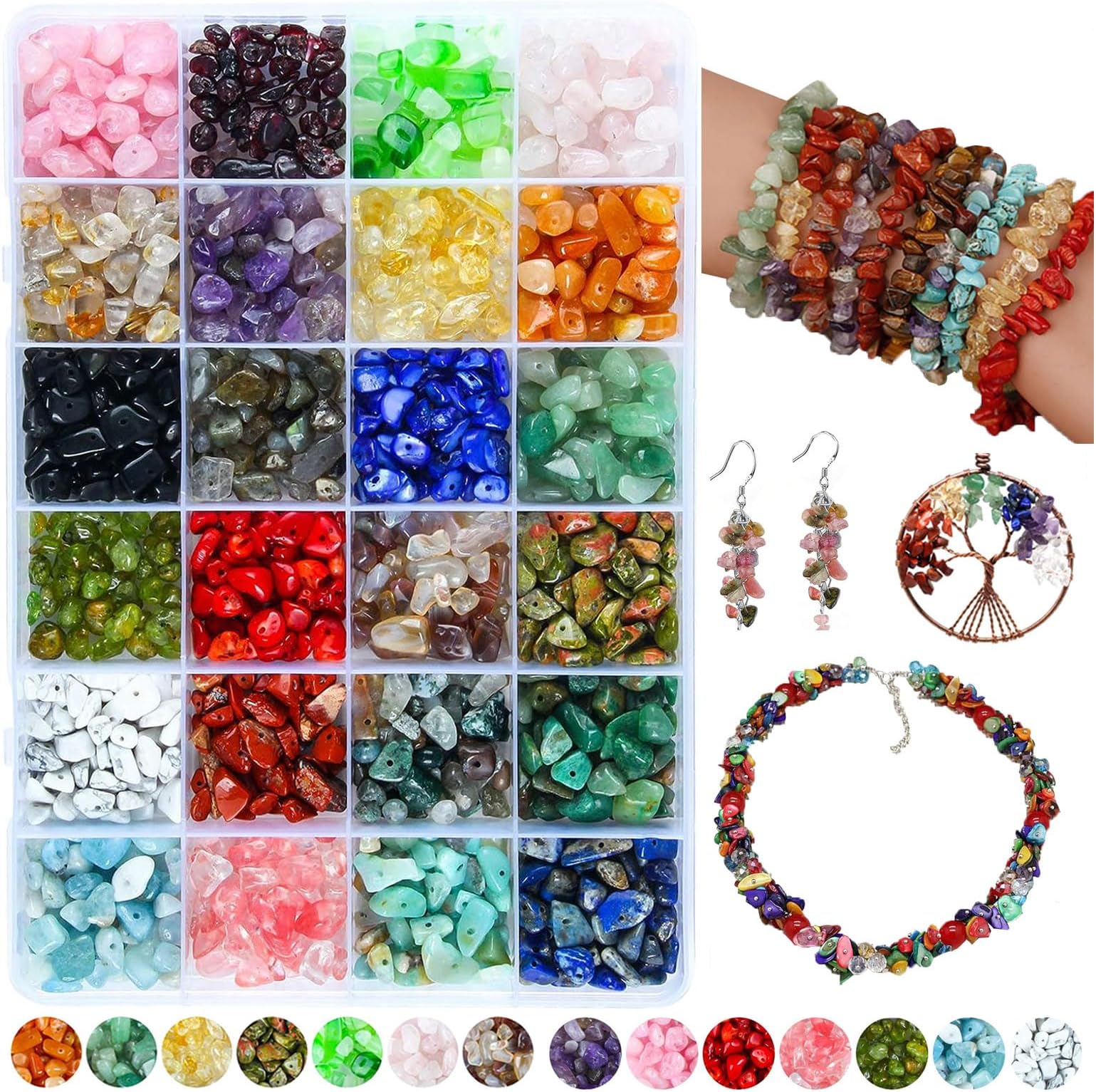 1200pcs Natural Chip Stone Beads for Bracelet, Crystal Bead for Jewellery Making, 24 Colors Irregular Gemstone Beads for Necklace Earring Making