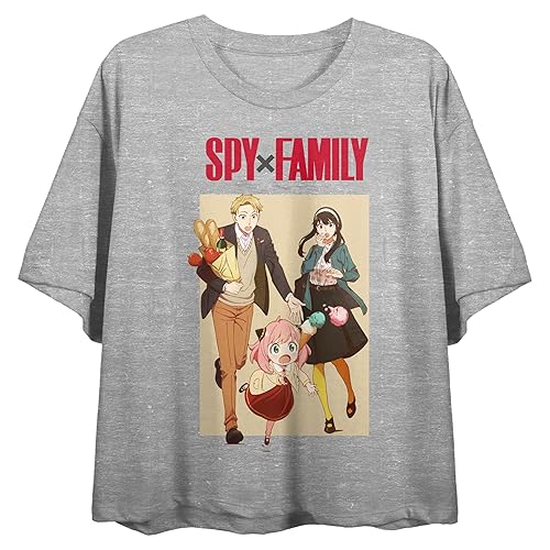 Spy X Family Forger Family Art Crew Neck Short Sleeve Gray Heather Women's Crop Top - Medium - Gray