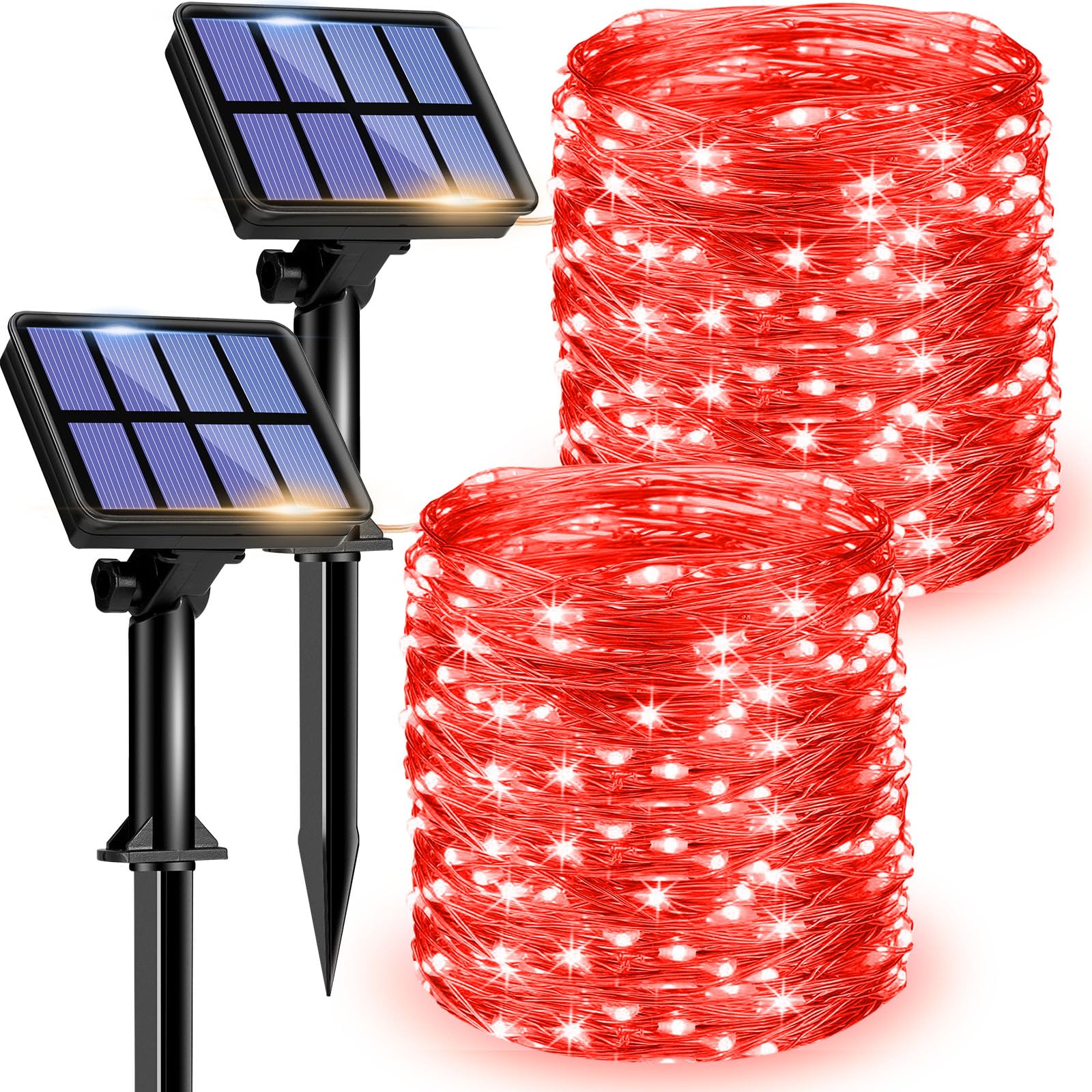 litogo Pack of 2 Outdoor Solar Fairy Lights, 12 m, 120 LED Fairy Lights, Waterproof, Copper Wire, 8 Modes, Solar Fairy Lights, Decoration for Garden, Balcony, Patio, Gate, Yard, Wedding, Party (Red)