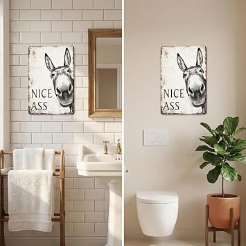 Funny Bathroom Wall Art Nice ASS Sign – Humorous Toilet Decor for Home, Office, Restroom Door – Vintage Metal Tin Sign 20x30cm – Rustic Farmhouse Gift for Men, Women, Coworkers (Donkey)