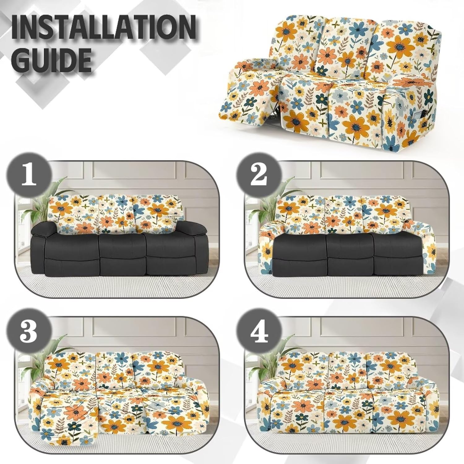 3 Seat Recliner Couch Cover Flowers Pattern Furniture Covers Recliner Covers that Stay in Place, Non Slip Lazy Boy Reclining Sofa Slipcovers with Elastic Bottom