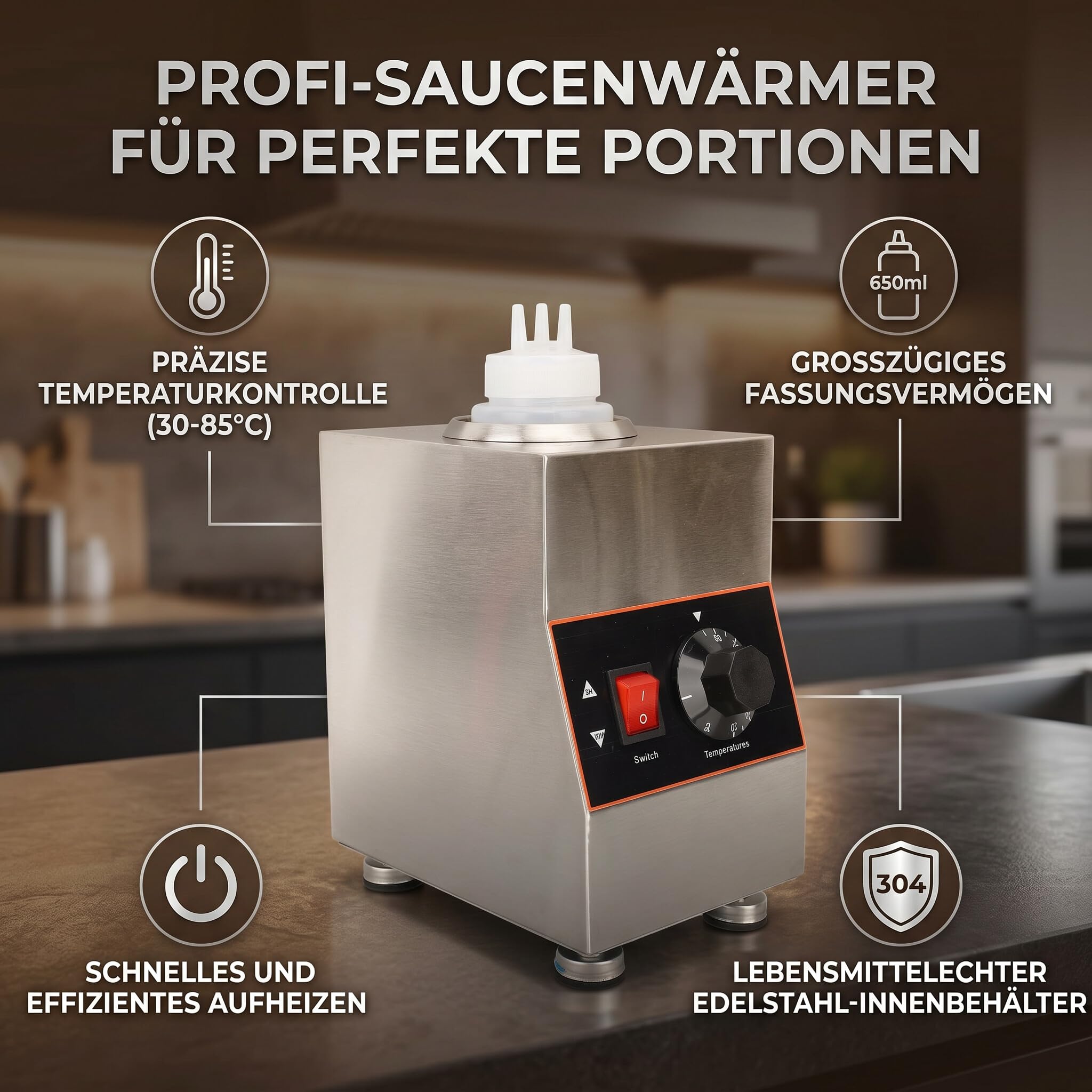 Calentador Eléctrico de Botellas de Salsa, Calentador de Queso Nacho con Botella de 650ML, Calentador de Salsa de Mermelada de Caramelo y Queso Caliente 86-185℉ (Enchufe europeo