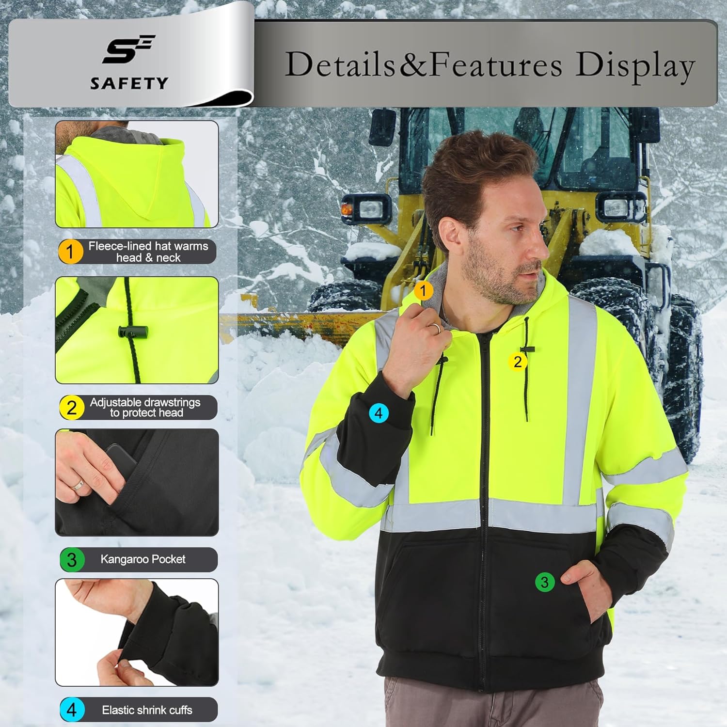 sesafety High Visibility Safety Hoodie for Men Fleece Lined ReflectiveZip up Sweatshirt Class 3 Heavy Duty Hi Vis Jacket - Image 4