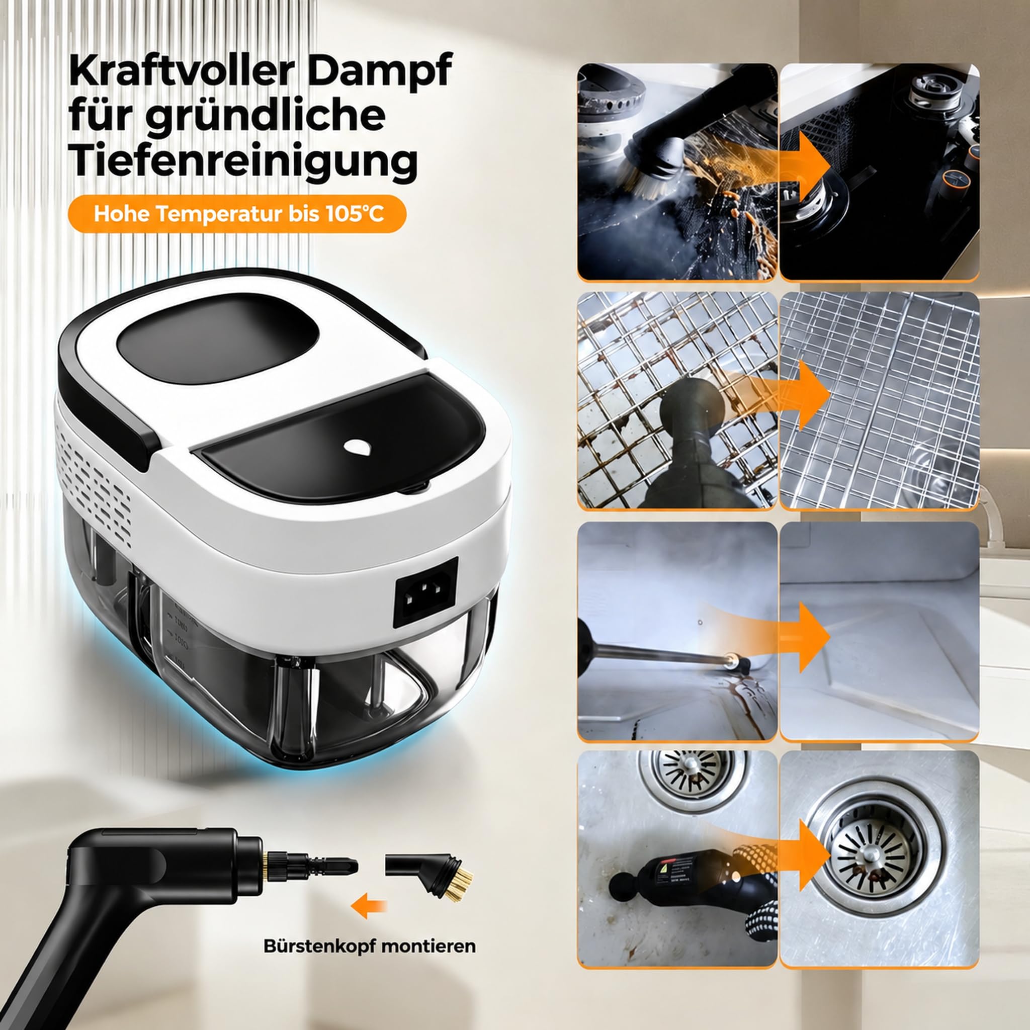 Dampfreiniger Handgerät, Tragbarer Hochdruck Dampfreiniger für Zuhause & Auto, 3-Stufiger Griff, 15 Sekunden Aufheizzeit, 1,6 L Wassertank, Steam Cleaner für Fenster, Küche, Bad, Polster, BBQ