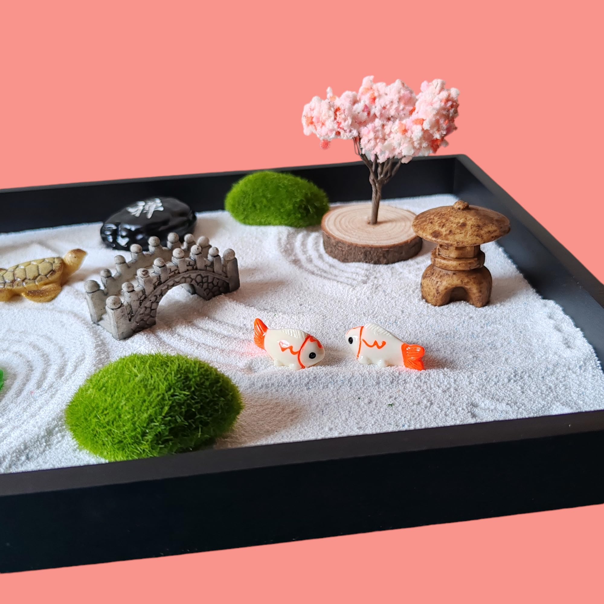 ZEN&TAO Classic Desktop Zen Garden with Abundant (Over 20) Accessories Sitting in Large Black Original Wood Tray and 7pcs Toolset Encased in Metal Box (CHAKRA GEMSTONES) - Image 4