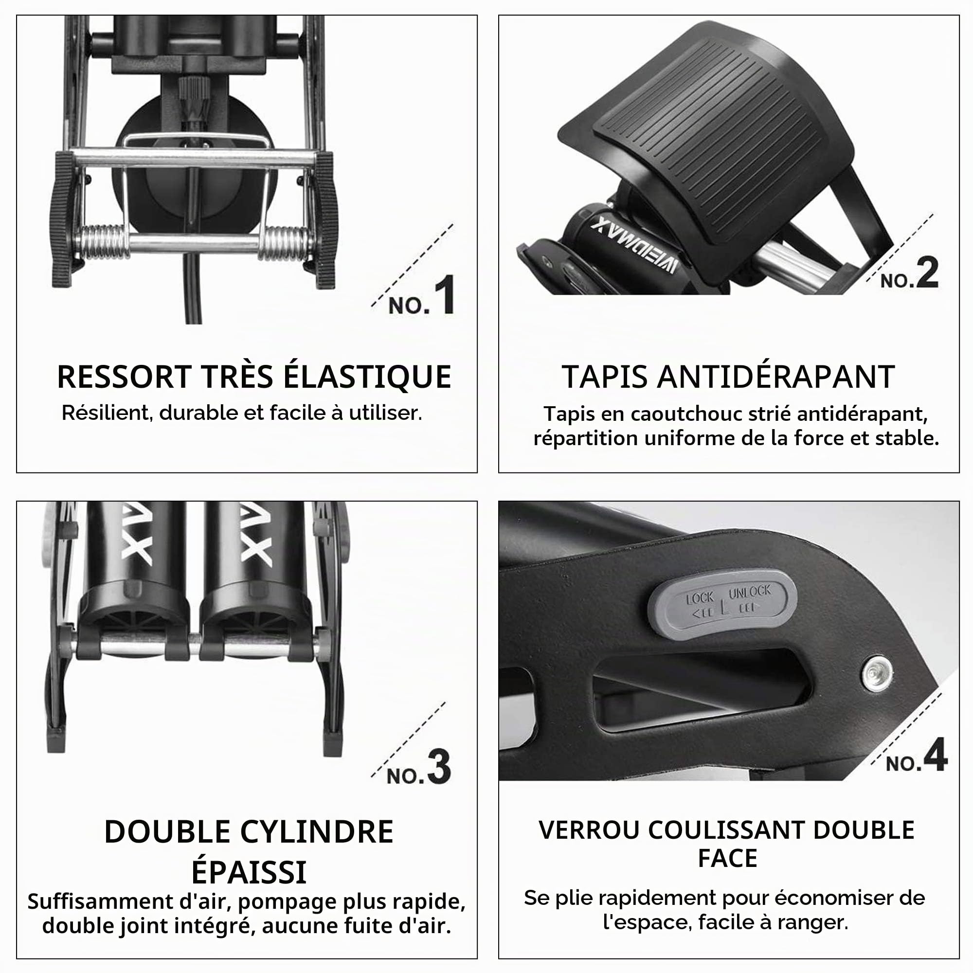 Pompe à pédale à Double Barillet Cylindre WEIDMAX, Pompe à Pied de vélo, Portable, Pompe à air de Sol de vélo, avec manomètre et tête de Valve Intelligente