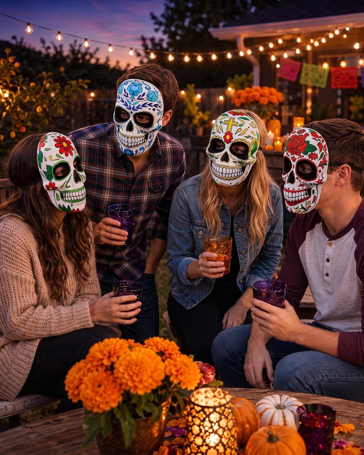 RoundFunny 6/12 Pcs Halloween Day of The Dead Masks for Adult Skulls Masks