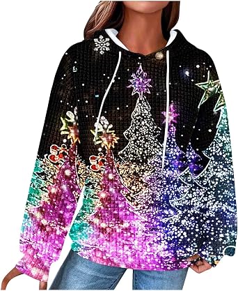 Christmas Hoodies for Women Glitter Xmas Tree Graphic Long Sleeve Sweatshirts Oversized Casual Funny Holiday Pullover