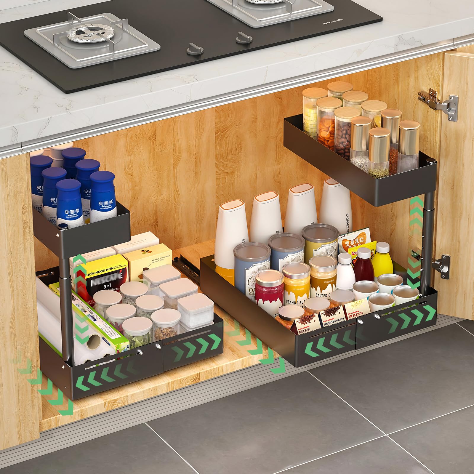KUOGAS Organizador Bajo Fregadero de Metal Ajustable – Sistema Extraíble y Altura Regulable, Organizador Universal para Fregadero de Cocina y Baño (2, Negro)